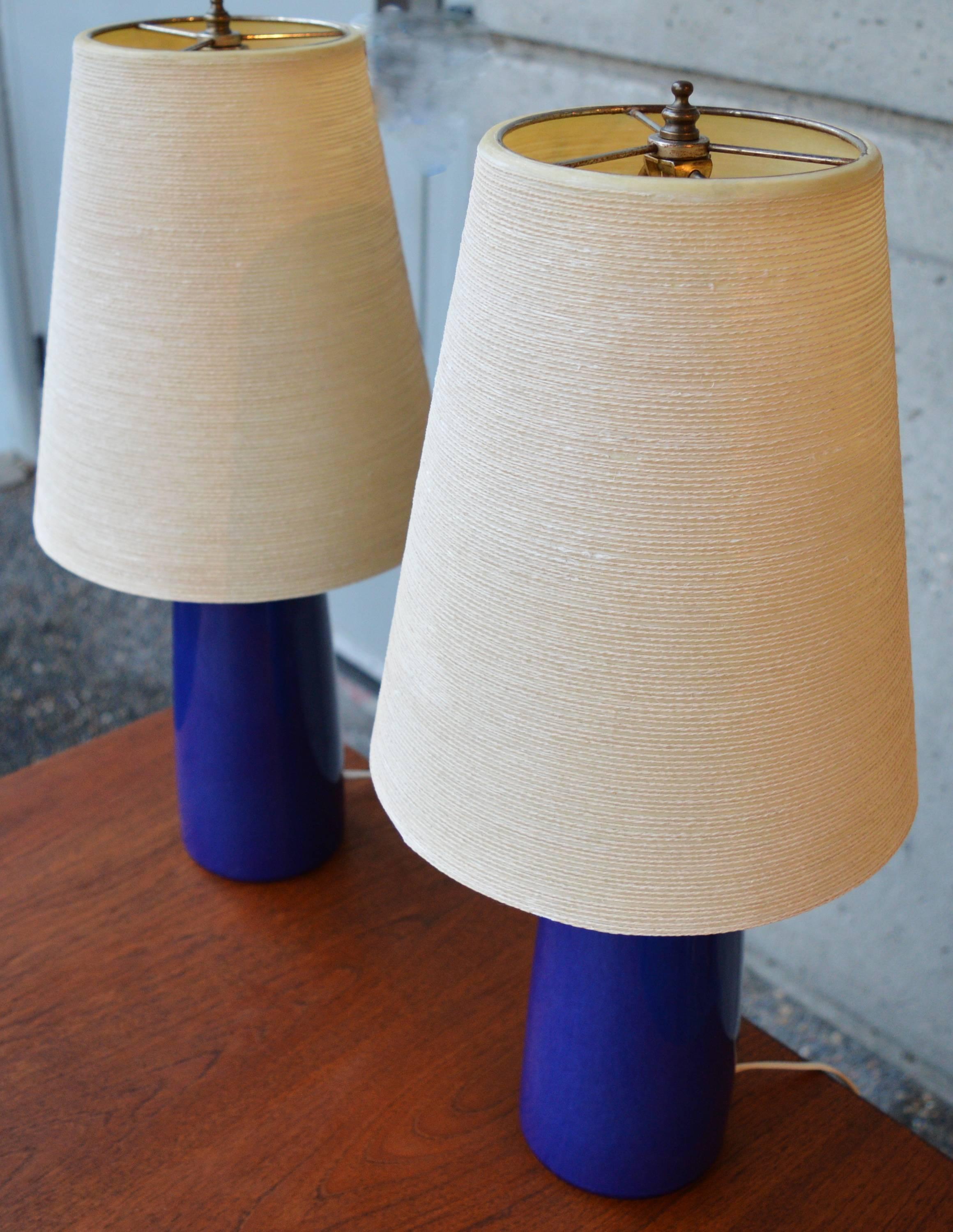 Hot Pair Cobalt Blue Lotte Lamps Original Shades In Excellent Condition In New Westminster, British Columbia