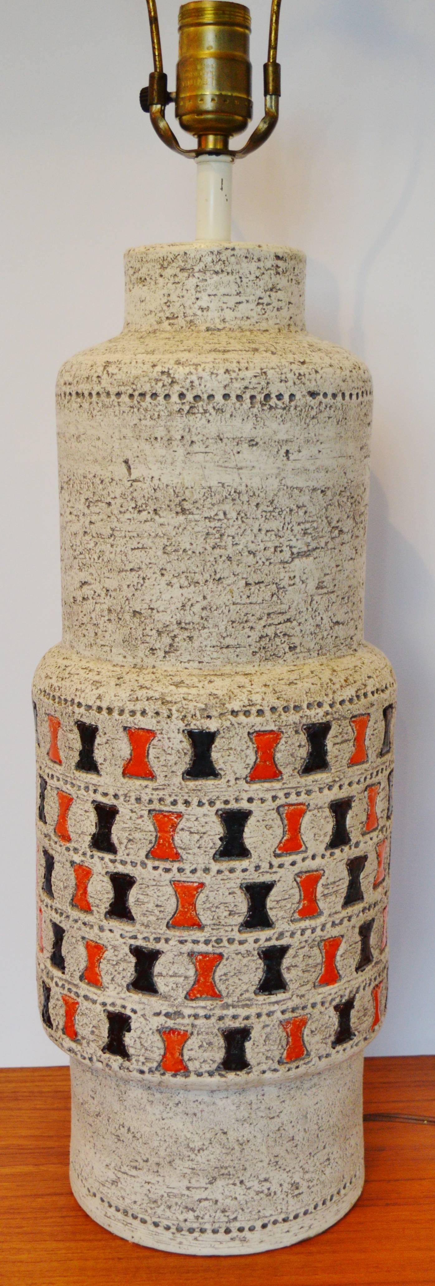 Mid-Century Modern Large Bitossi Organic Ceramic Lamp Orange & Black on Cream