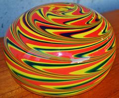 Large Dramatic Murano Cased Glass Swirl Bowl in Yellow, Red and Green