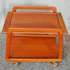 Teak Flip-Top Trolley/Cart w/Tray Top, Trapezoidal Sides & 1950s Skinny Casters
