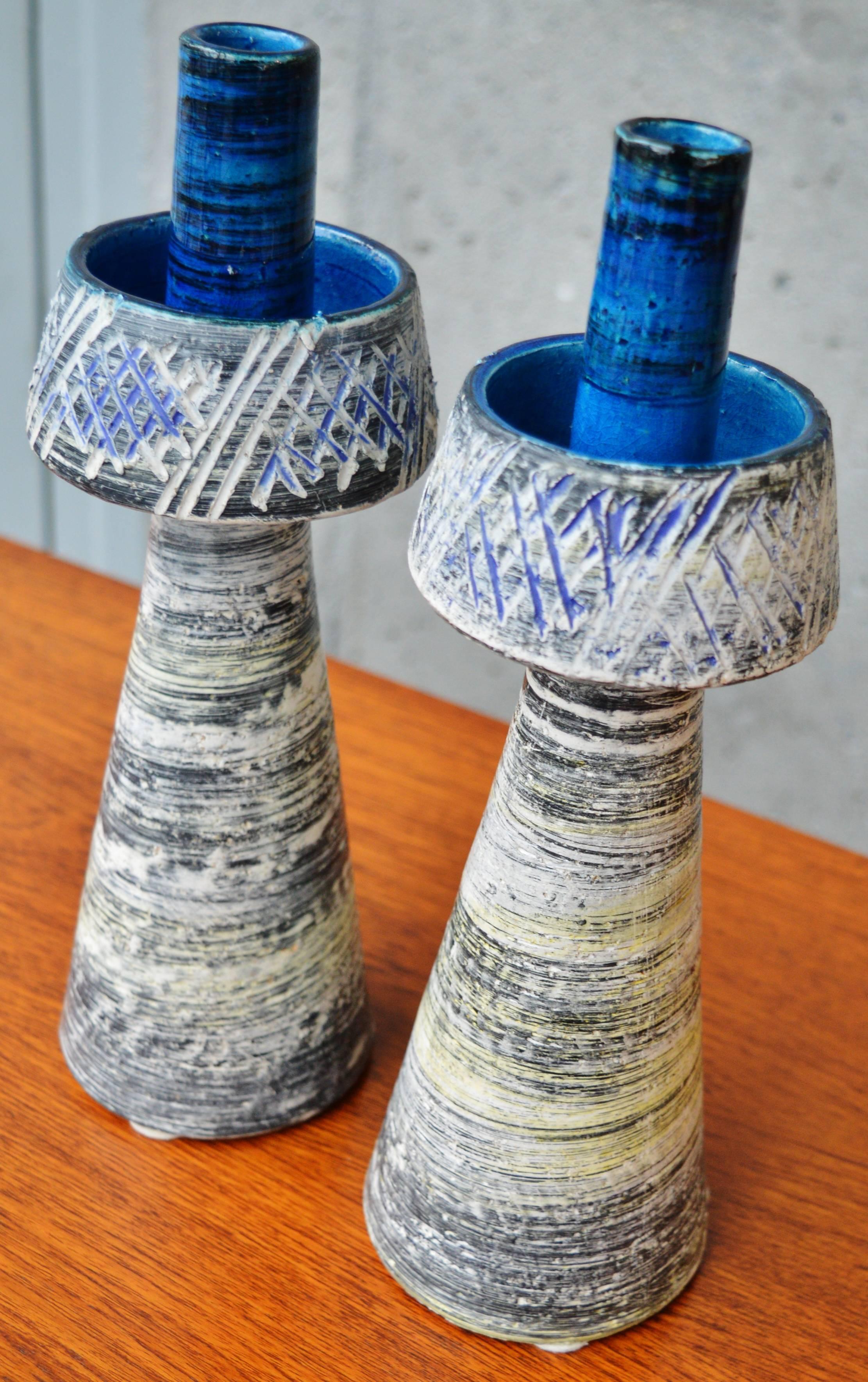 Mid-Century Modern Aldo Londi/Bitossi Pair Italian Rimini Blue Candle Sticks