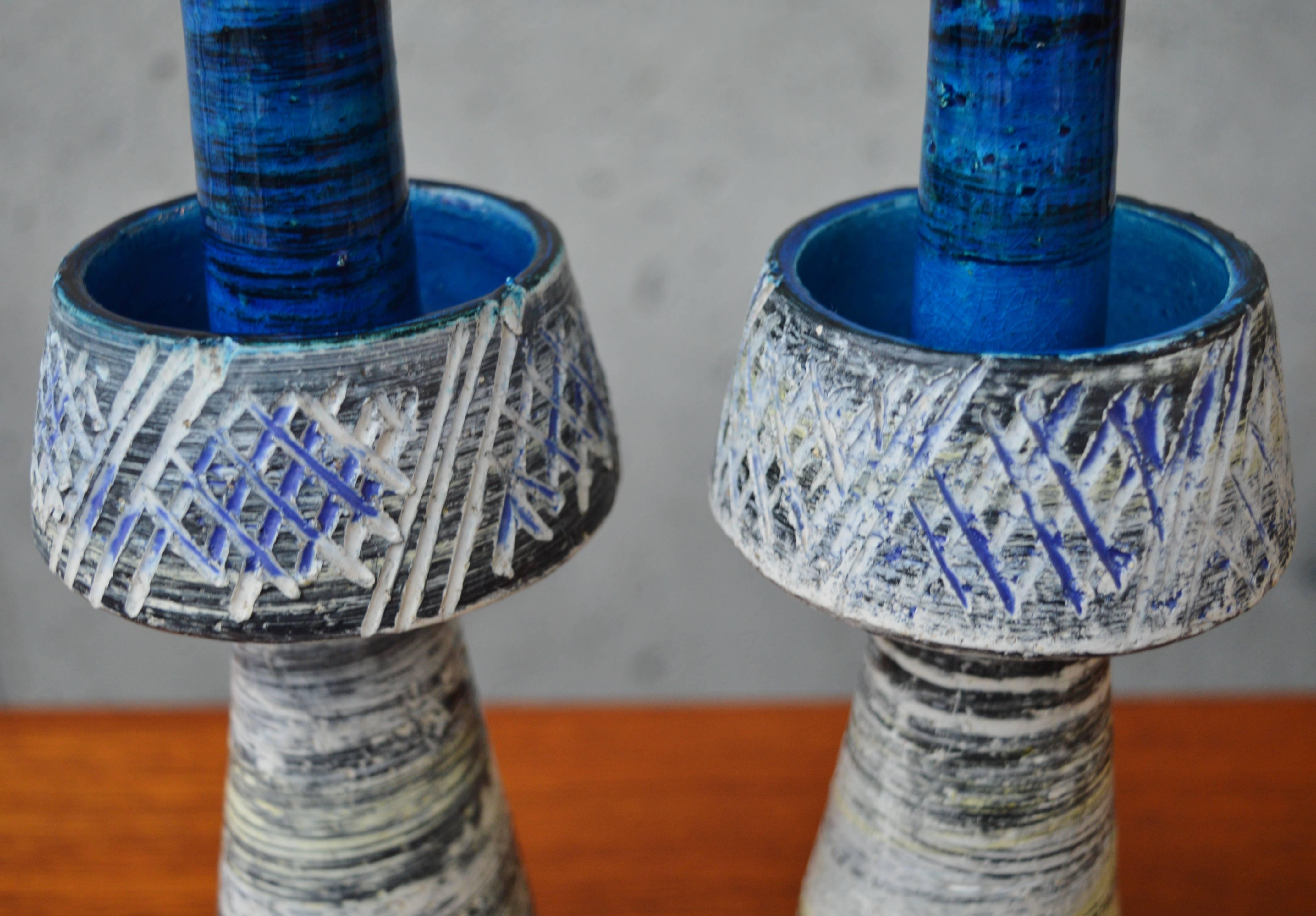 Mid-20th Century Aldo Londi/Bitossi Pair Italian Rimini Blue Candle Sticks