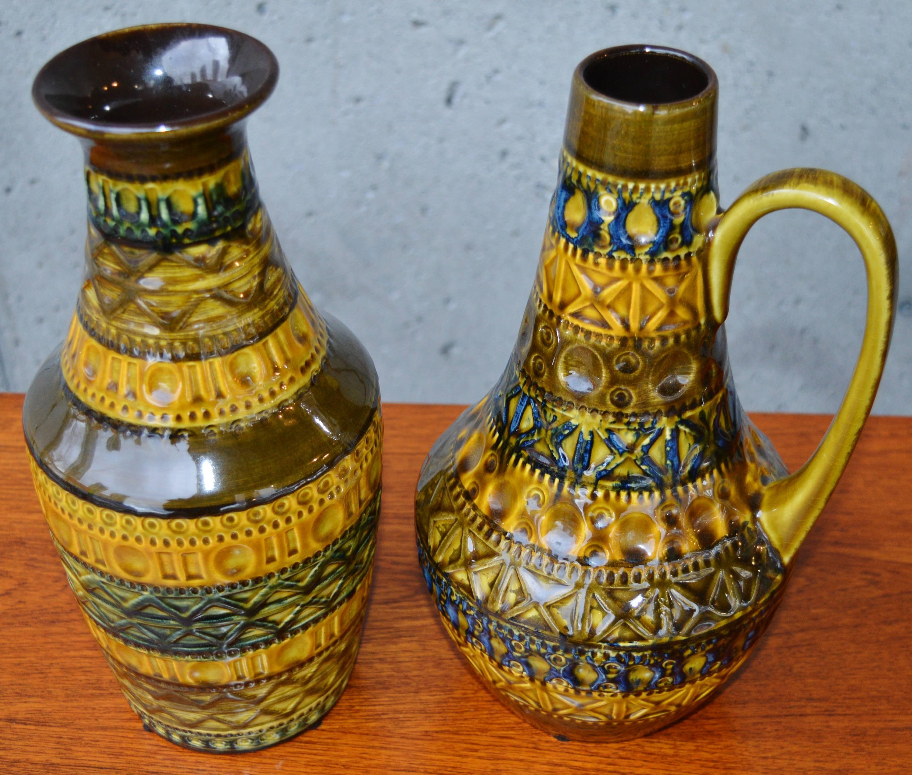 Mid-Century Modern Pair of West German Bay Incised Pottery Vases