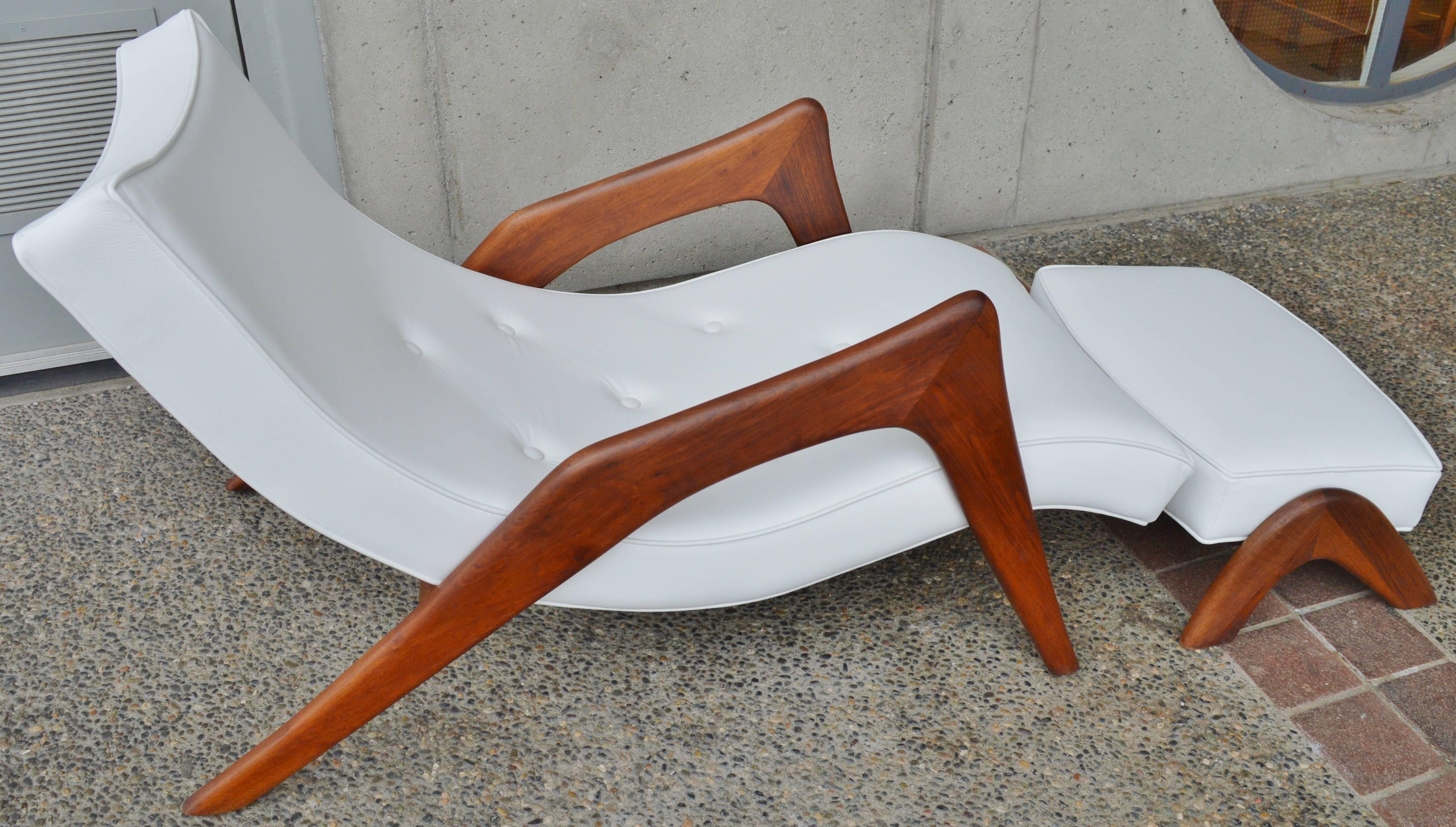 Wood Rare Grasshopper Chaise and Ottoman, White Leather by Adrian Pearsall