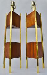 Large Pair of Walnut and Brass Triangular Laurel Lamps