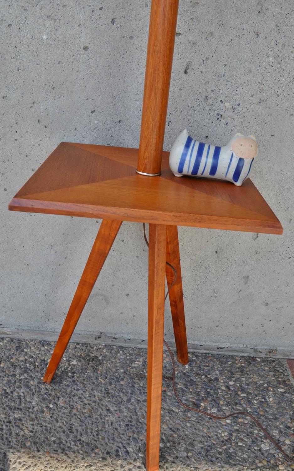 Teak Tripod Floor Lamp with Turquoise Shade and Built-in ...