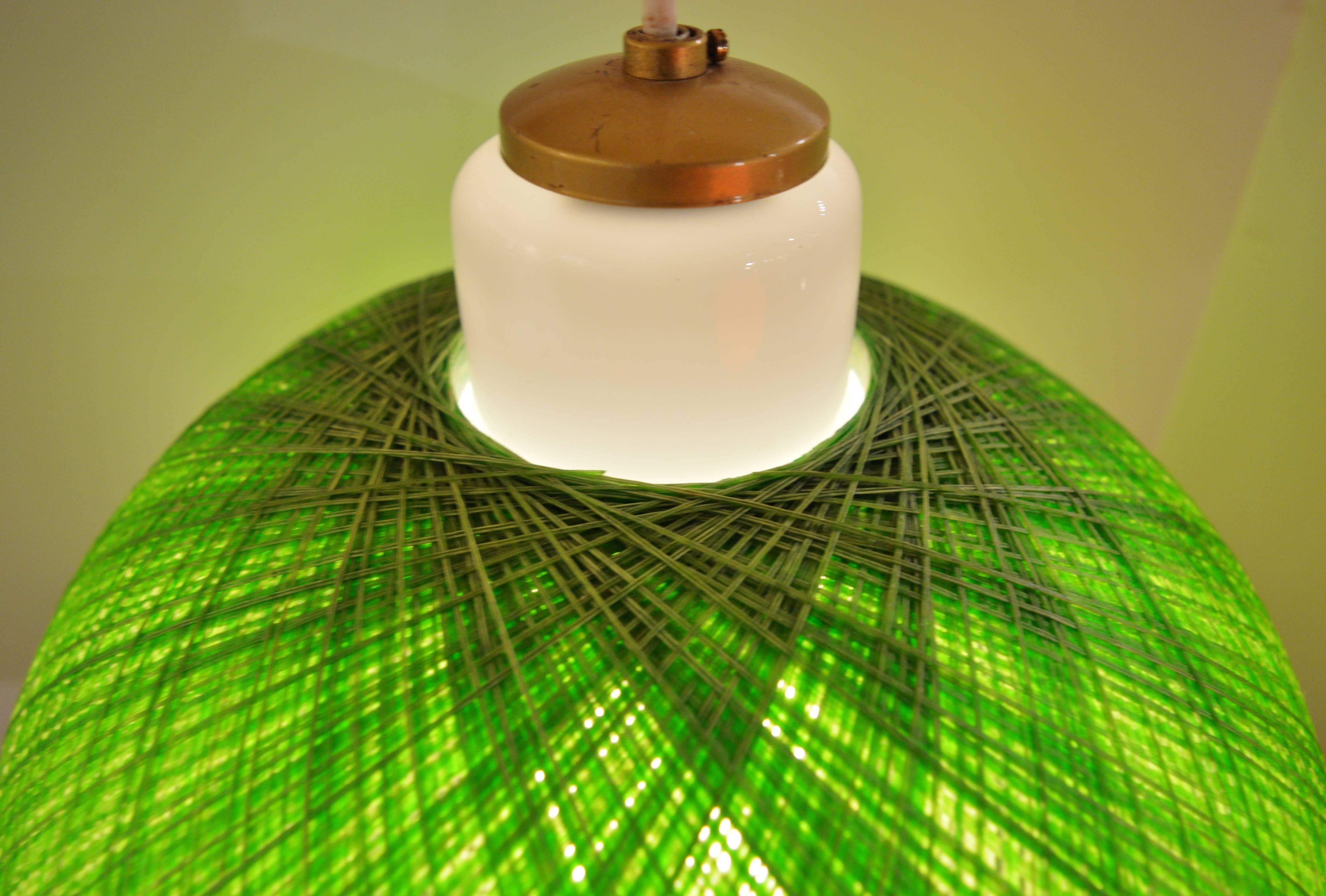 Mid-Century Modern Hot Green MCM Spun Fiberglass and Milk Glass Pendant Light