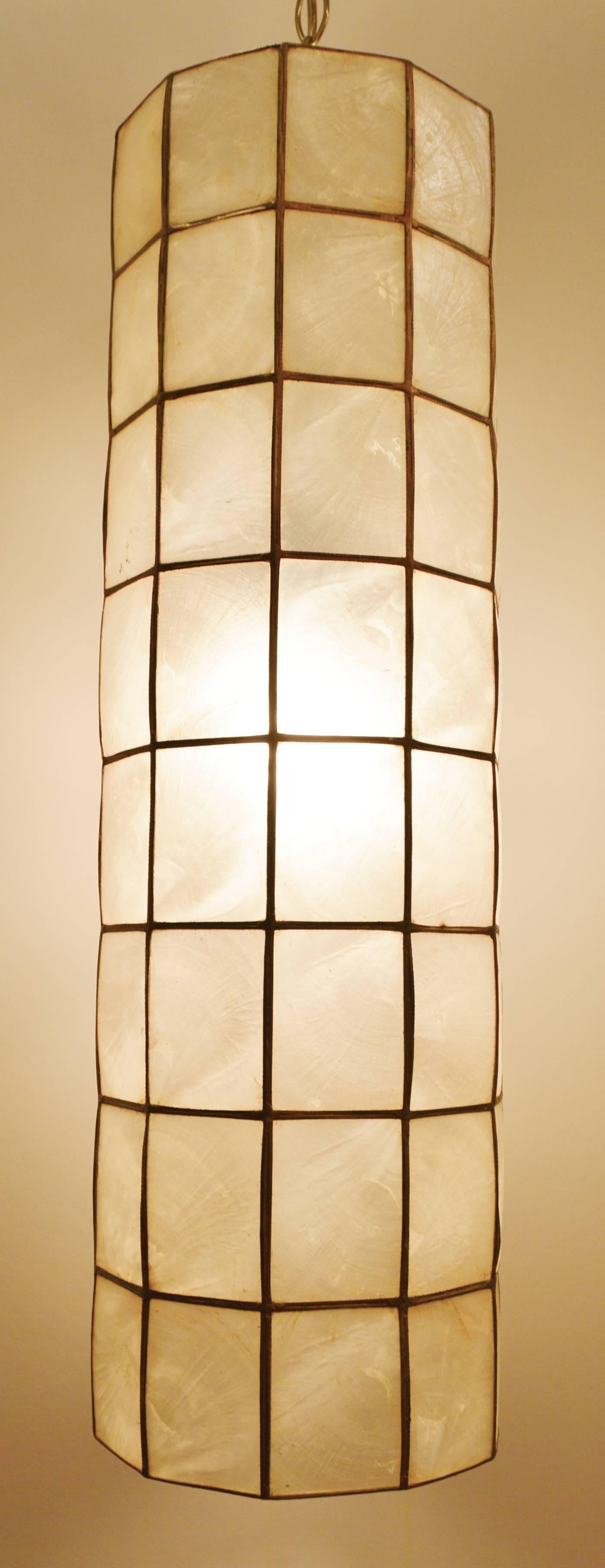 Large Capiz Shell Cylinder Pendant Light In Excellent Condition For Sale In New Westminster, British Columbia