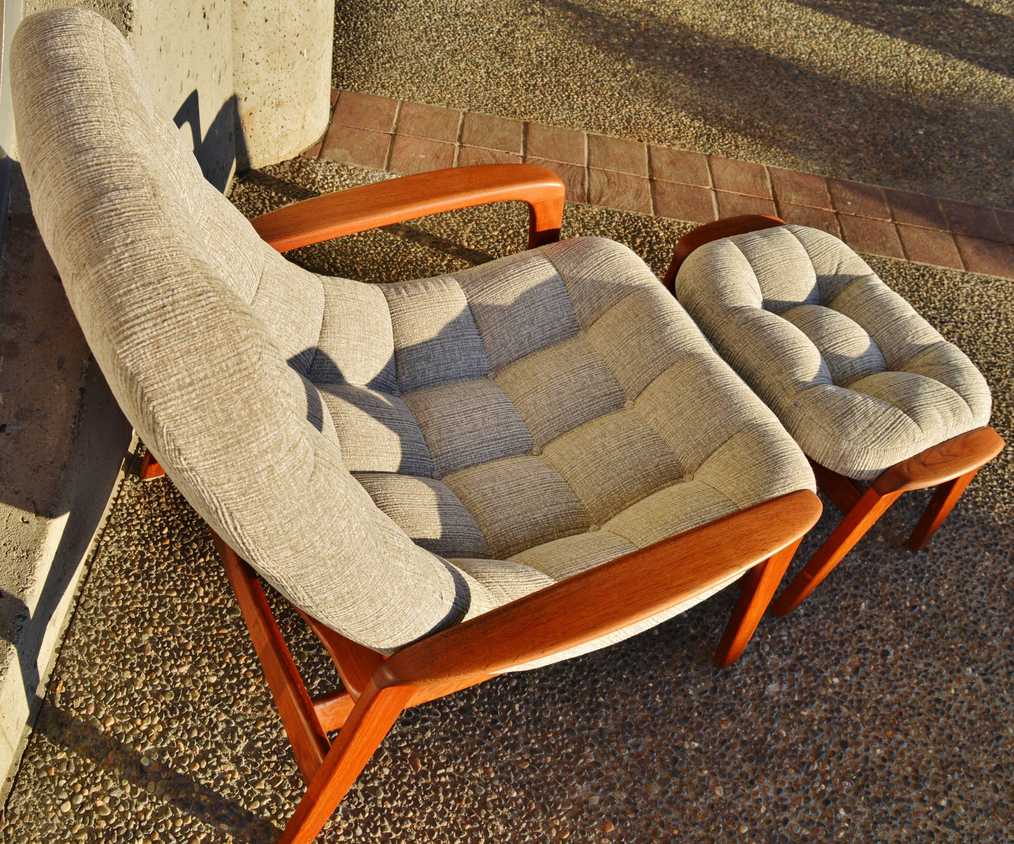 Button-Tufted Danish Style Teak Lounge Chair and Ottoman, Restored 1