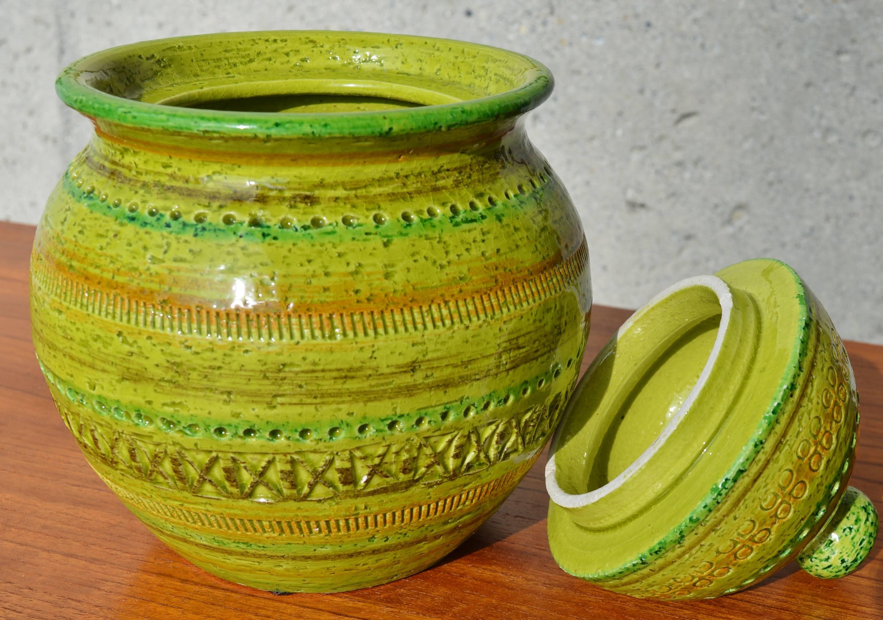 Italian Bitossi Green Sgraffito Lidded Jar 