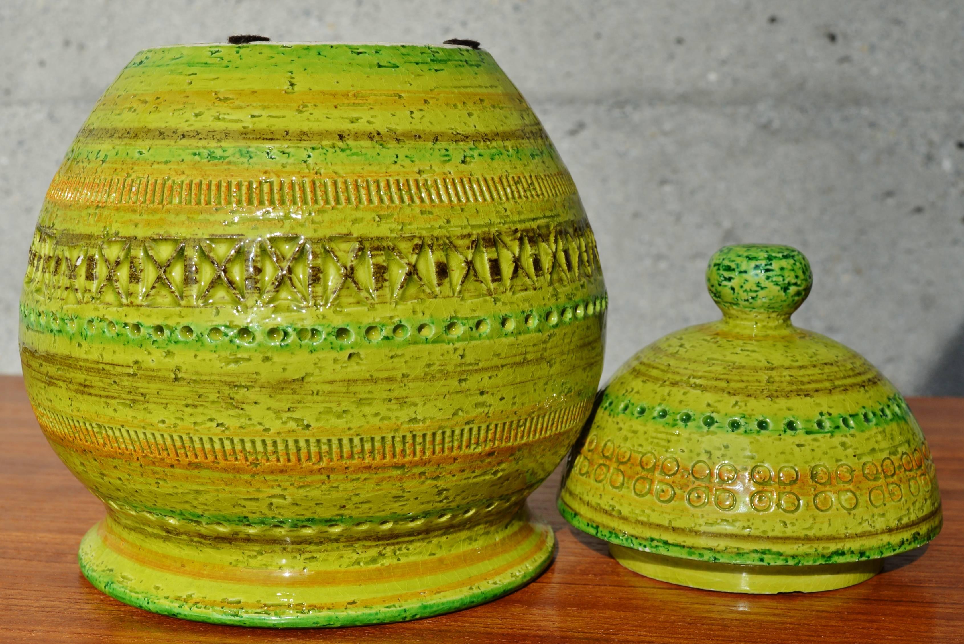 Ceramic Bitossi Green Sgraffito Lidded Jar