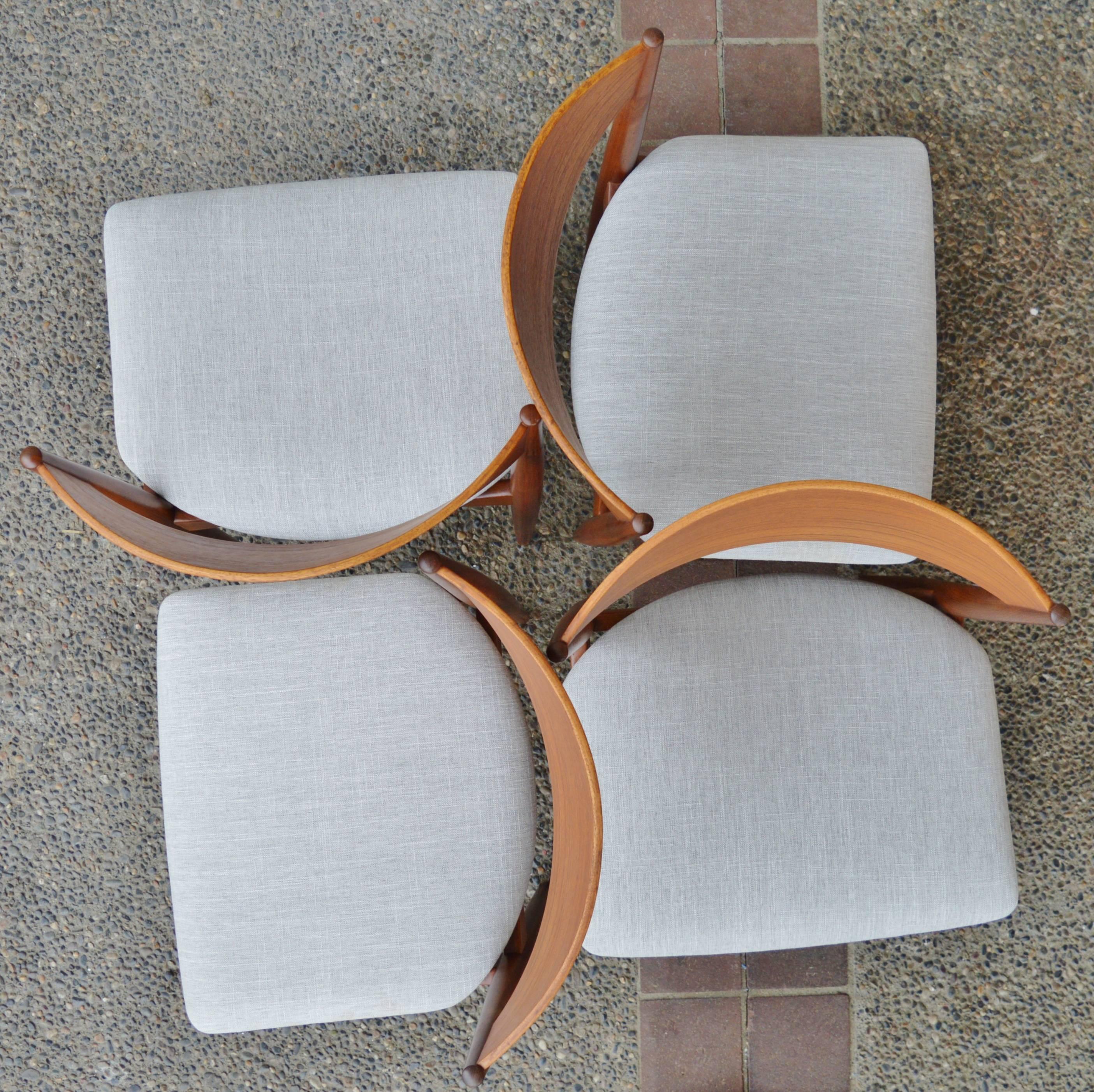 Scandinavian Modern Set Eight Curved Back Danish Modern Restored Teak Dining Chairs Silver Tweed
