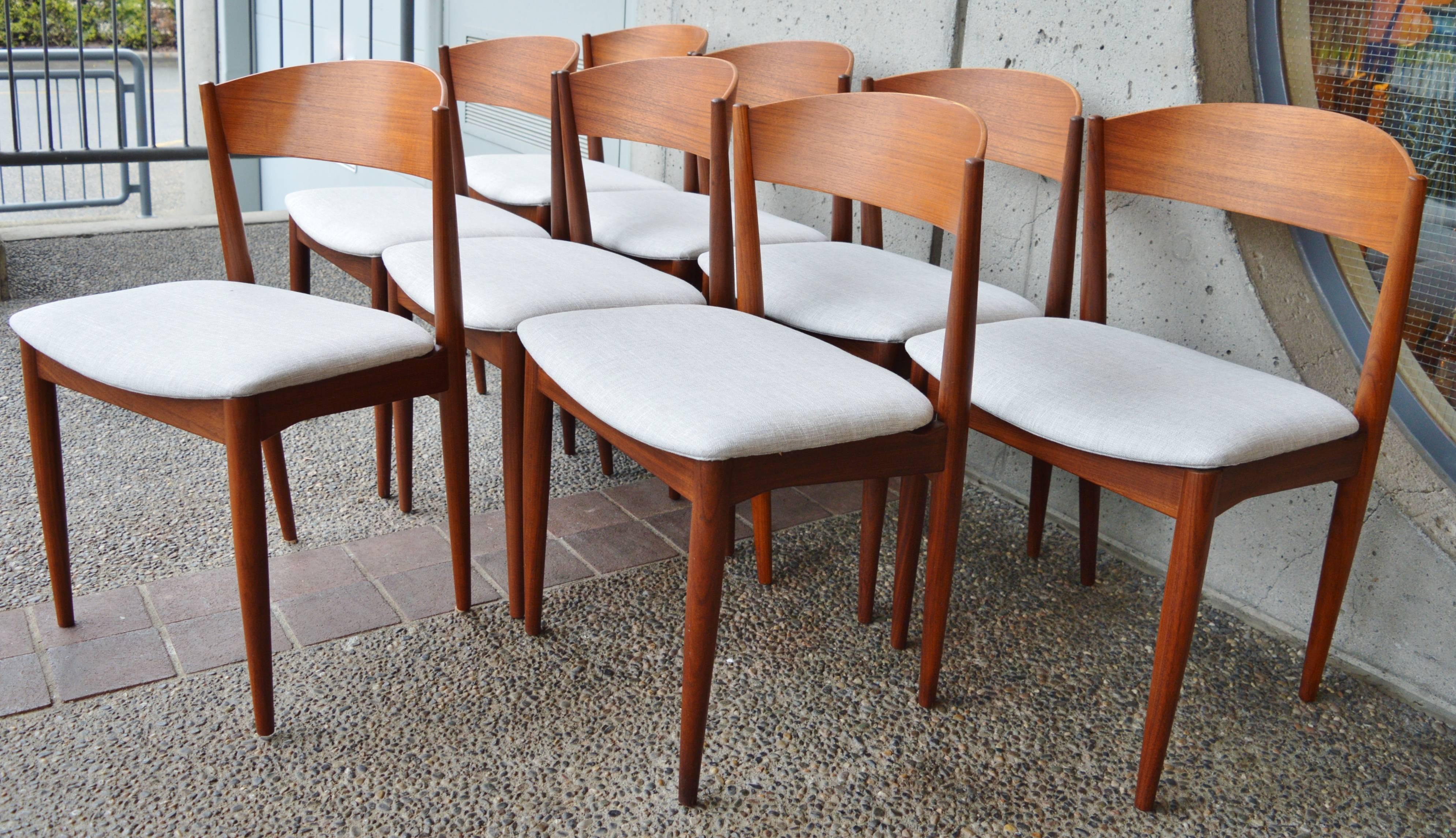 Mid-20th Century Set Eight Curved Back Danish Modern Restored Teak Dining Chairs Silver Tweed