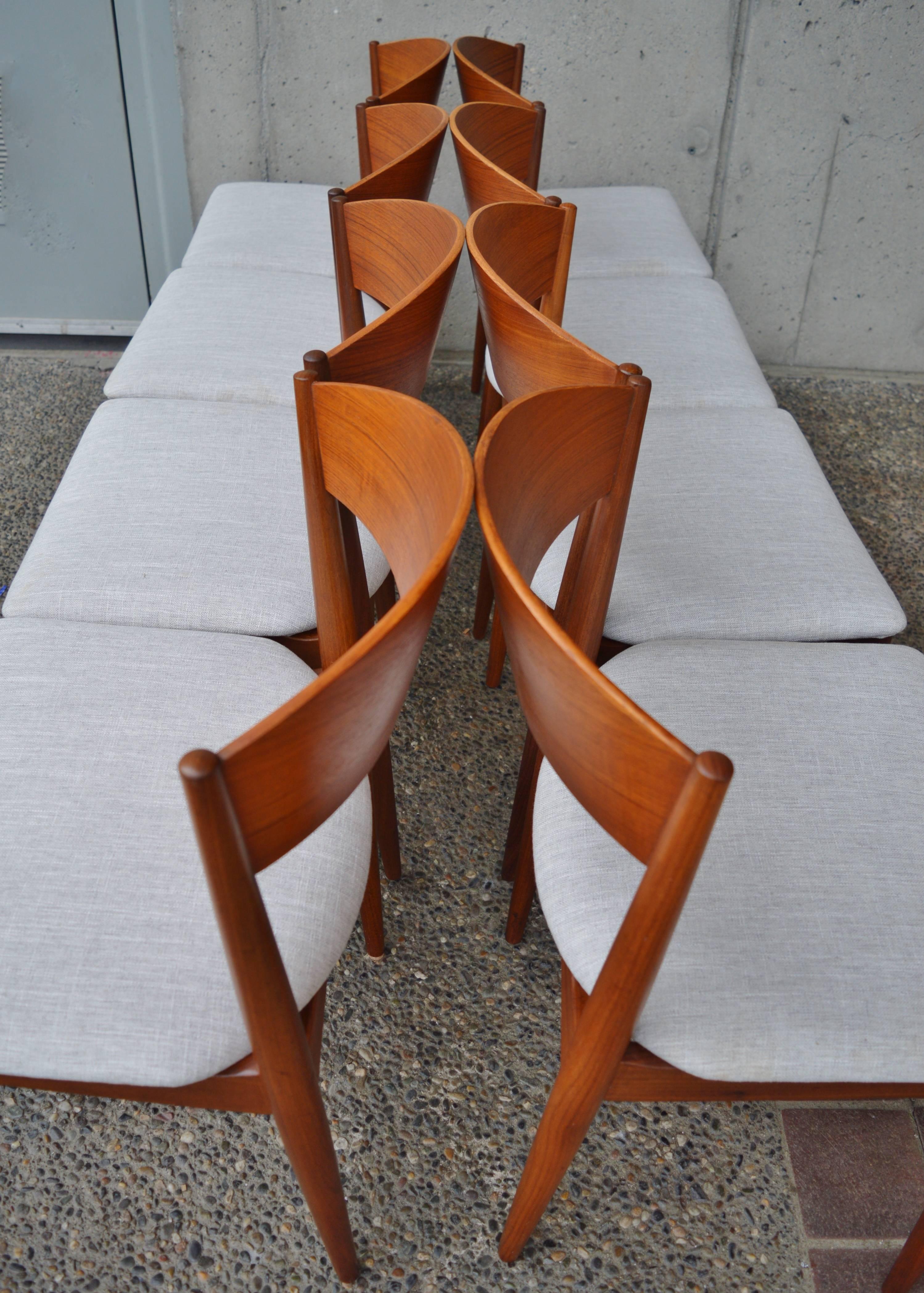 Set Eight Curved Back Danish Modern Restored Teak Dining Chairs Silver Tweed 1