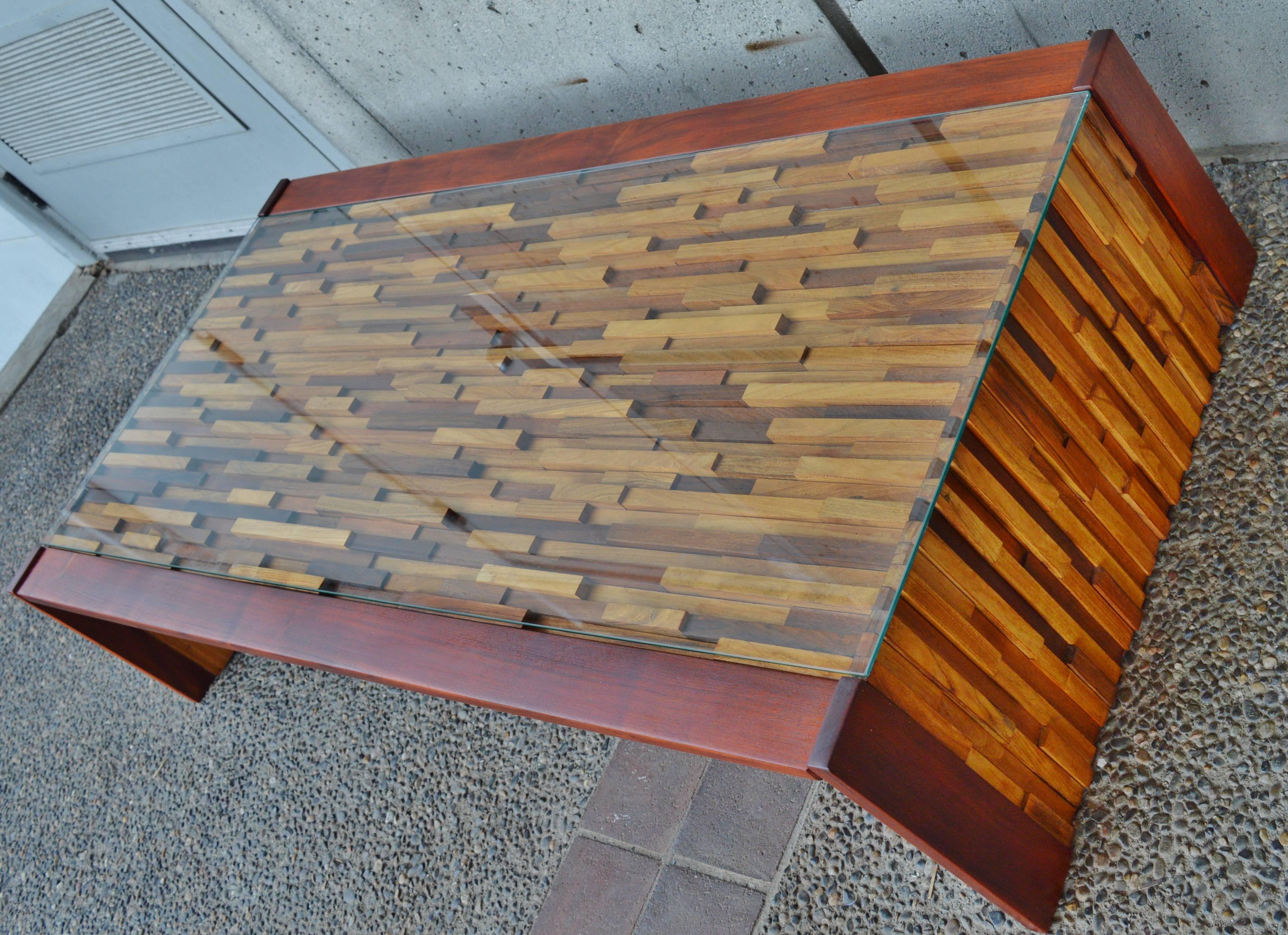 Mid-20th Century Percival Lafer Brutalist Solid Exotic Hardwood Mosaic Coffee Table