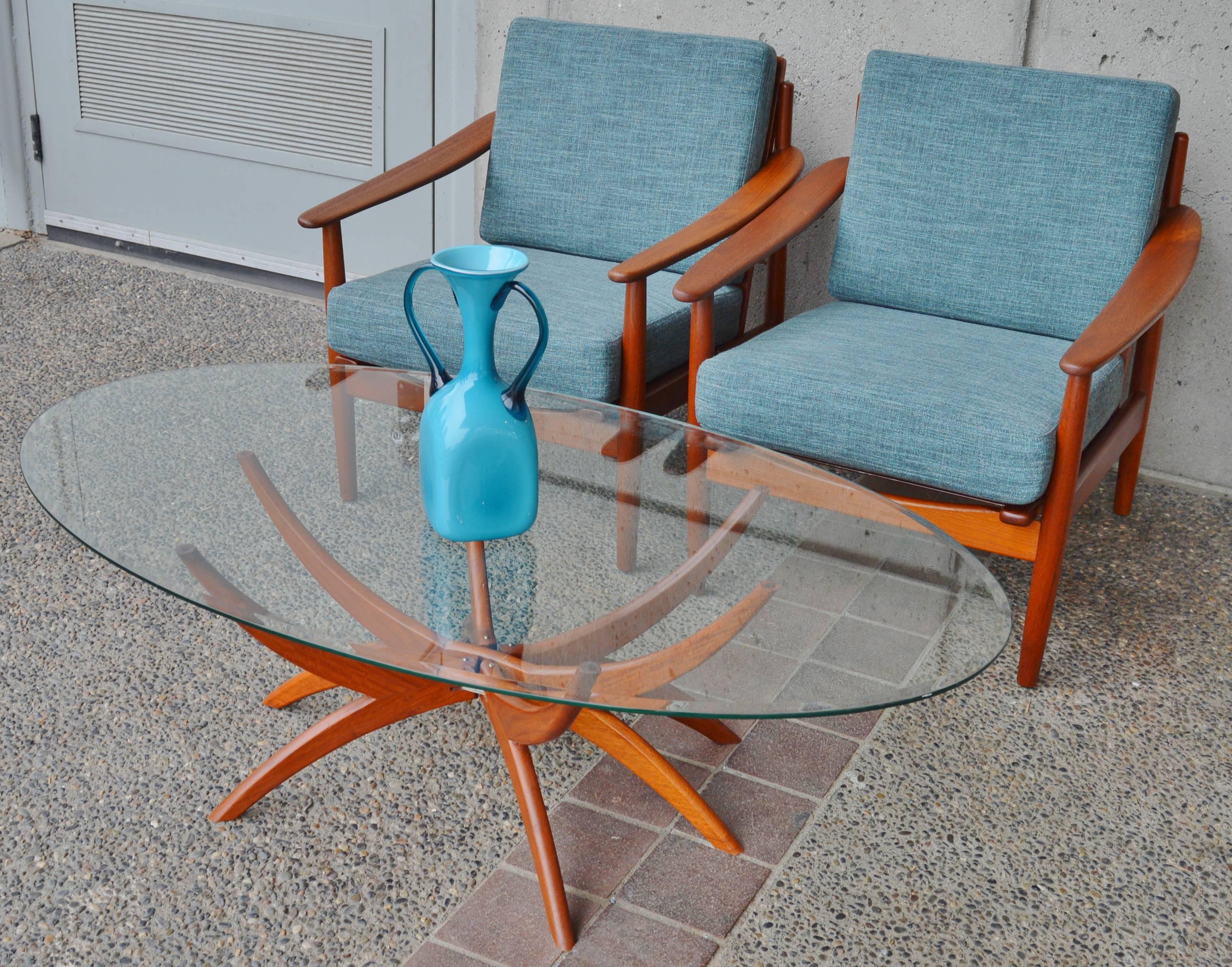 Scandinavian Teak Spider Leg Coffee Table Oval Beveled Clear Glass Top