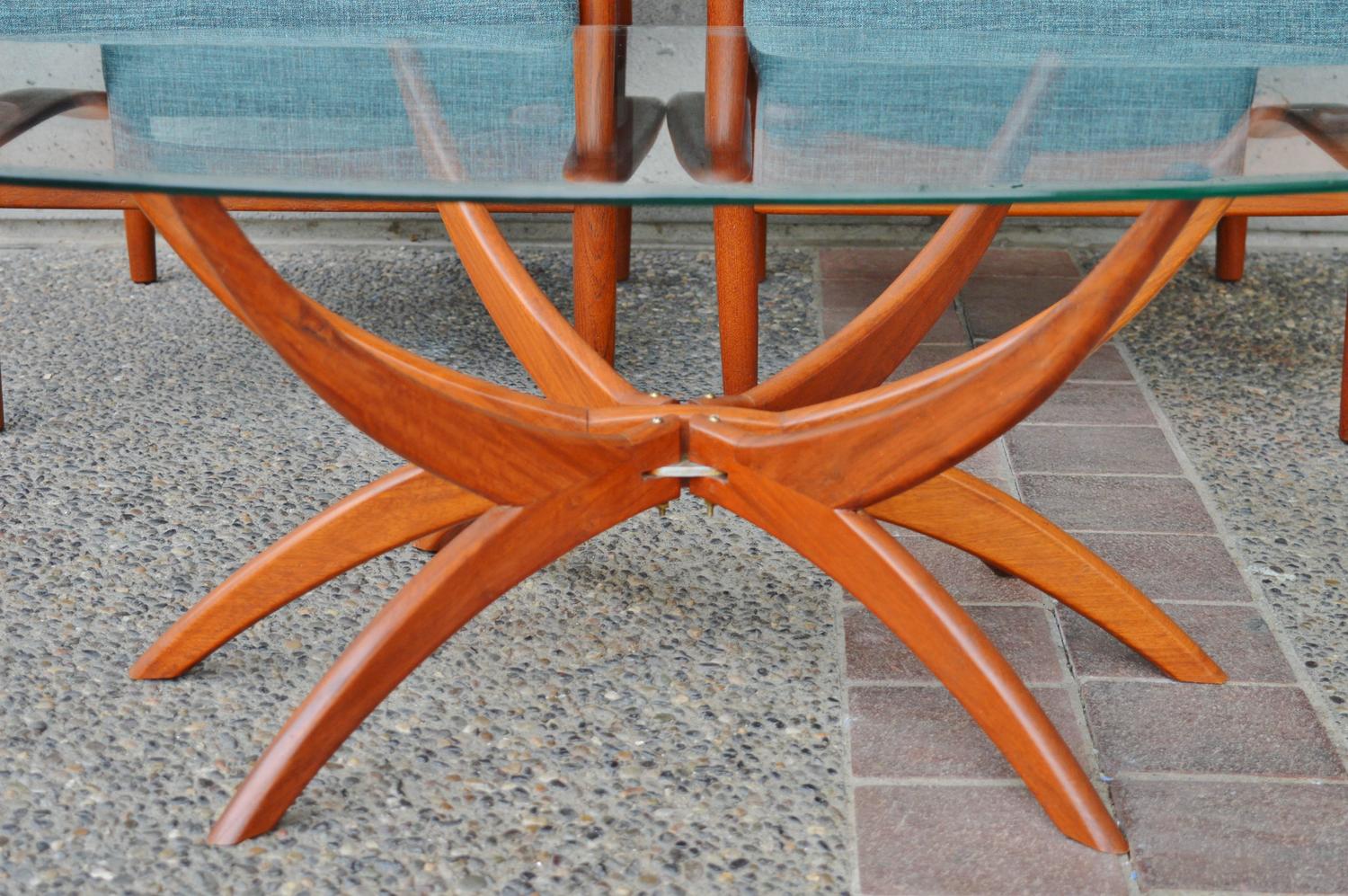 Teak Spider Leg Coffee Table Oval Beveled Clear Glass Top at 1stdibs