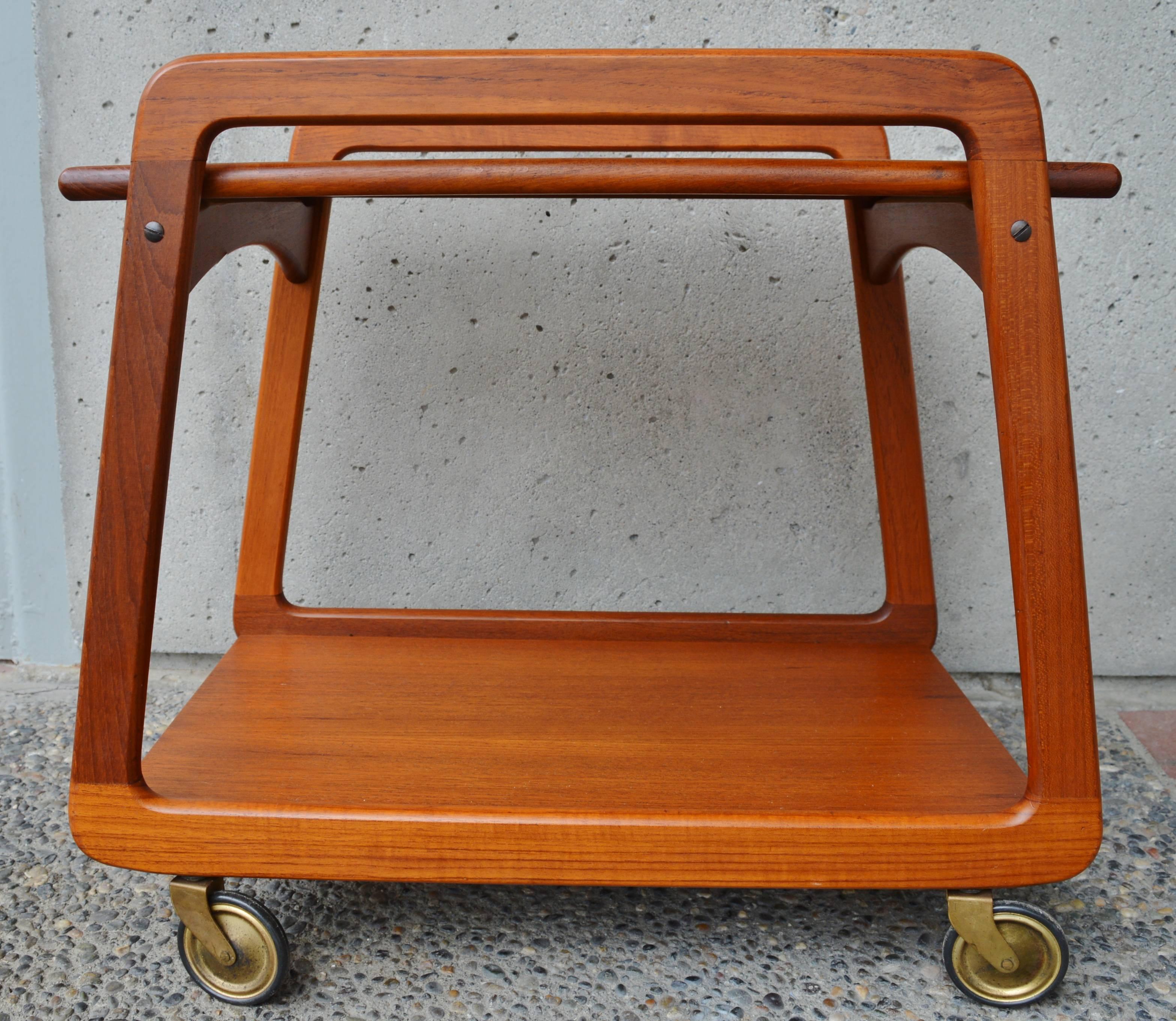 Brass Danish Teak Serving Cart Flip-Top Tray, Casters by Sika Mobler
