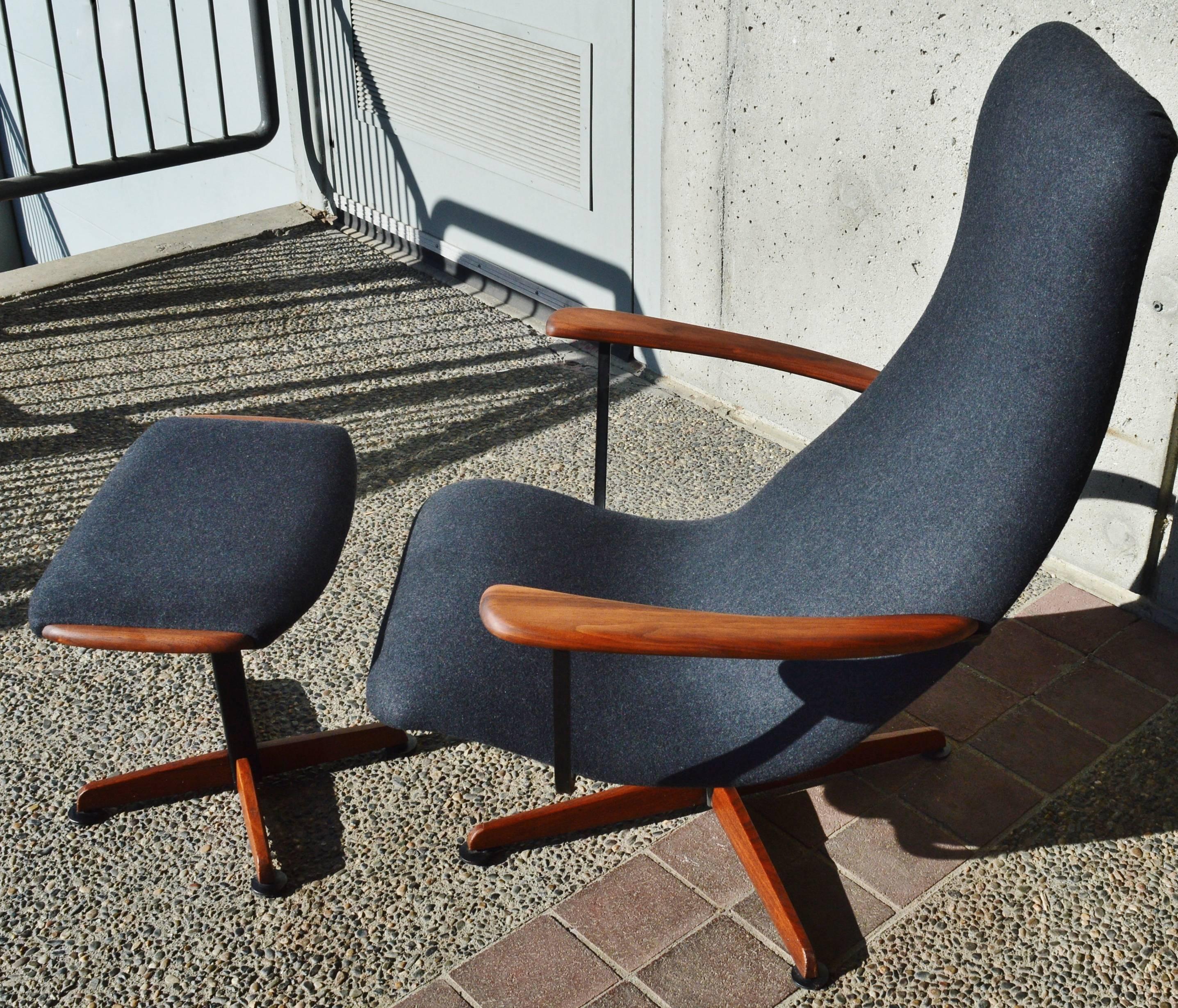 Mid-Century Modern Mad Men Swivel Recliner and Ottoman by Helmut Krutz, Restored in Charcoal