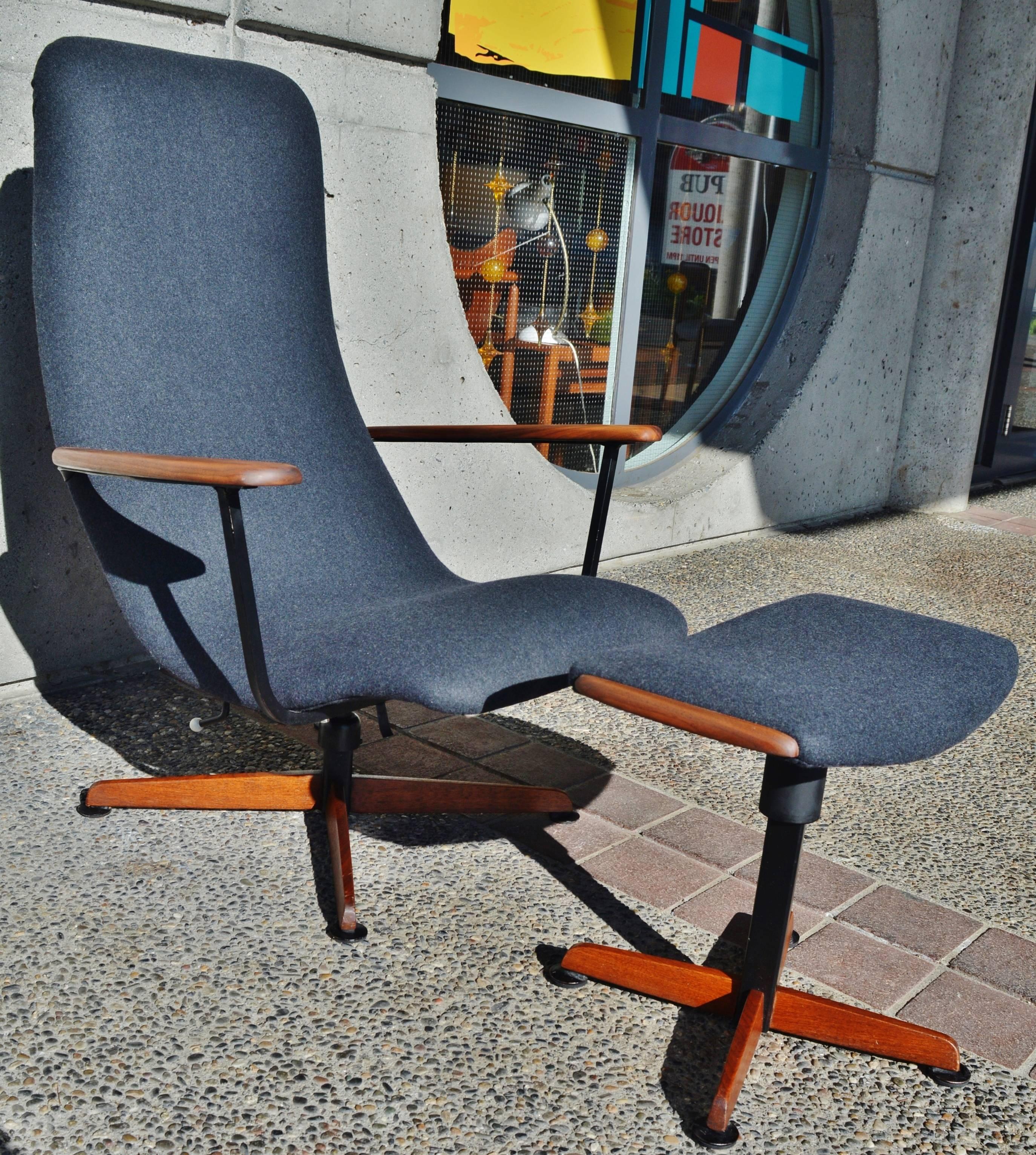 Mid-20th Century Mad Men Swivel Recliner and Ottoman by Helmut Krutz, Restored in Charcoal