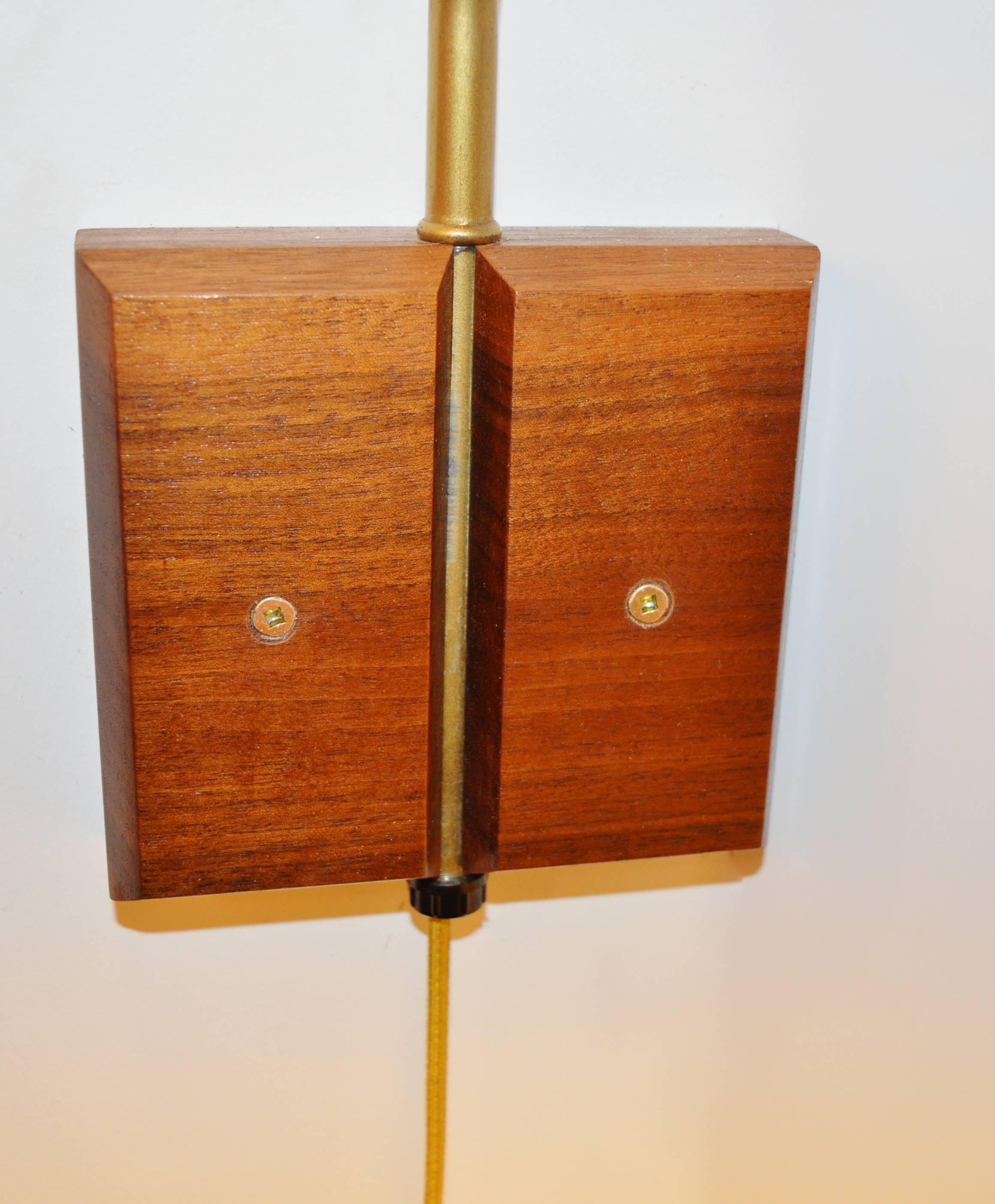 Scandinavian Teak Wall Mount Lamp with Brass and Fiberglass Pendant In Excellent Condition For Sale In New Westminster, British Columbia