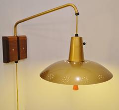 Scandinavian Teak Wall Mount Lamp with Brass and Fiberglass Pendant
