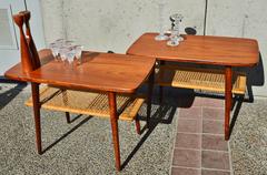 Gorgeous Pair of Teak Surfboard Side Tables by Casals with Cane Wrapped Shelves
