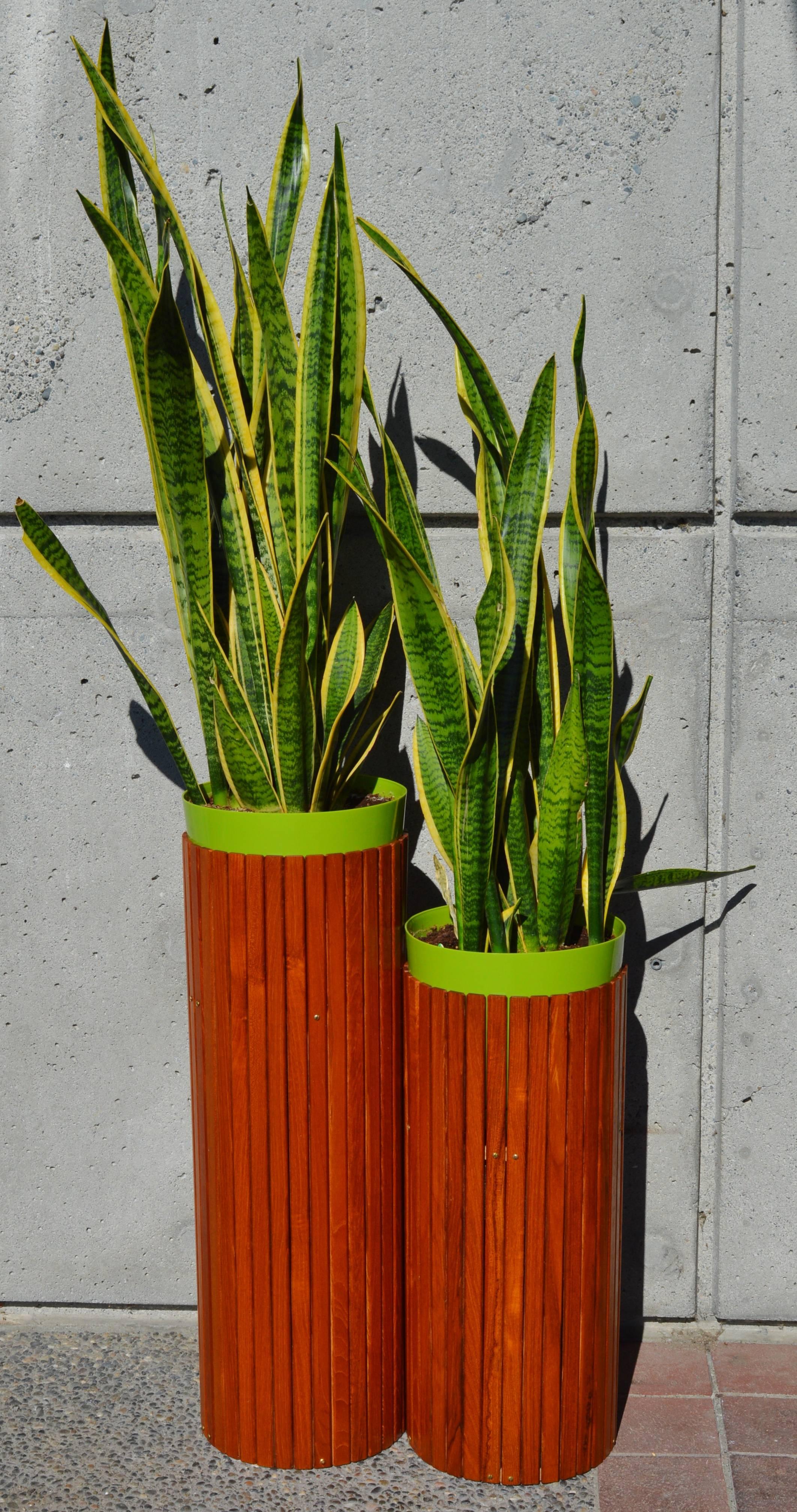 This unique pair of Danish modern teak planters are made up of teak slats with brass screws and with a teak veneer platform inside to support the plants. The plants and green plastic pots are not included but are simply there for demonstration
