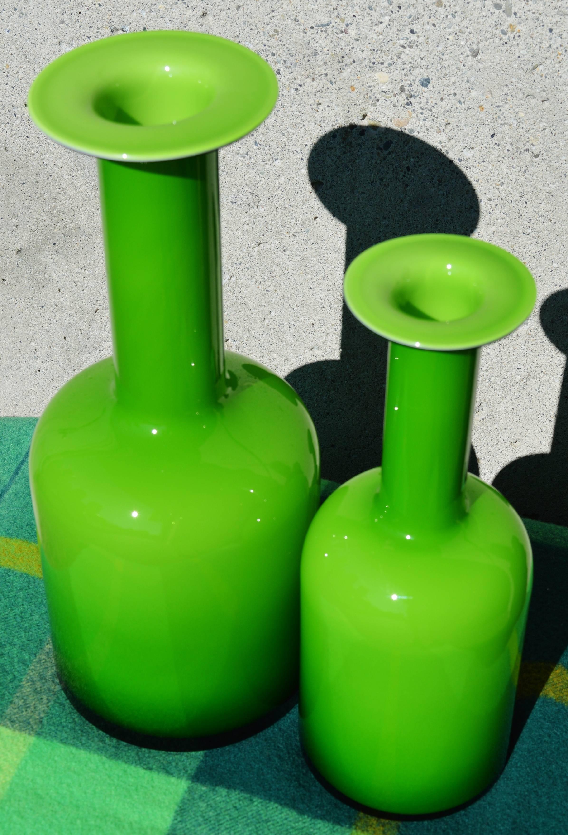 Blown Glass Pair of Green Glass Holmegaard Gulvases by Otto Brauer For Sale
