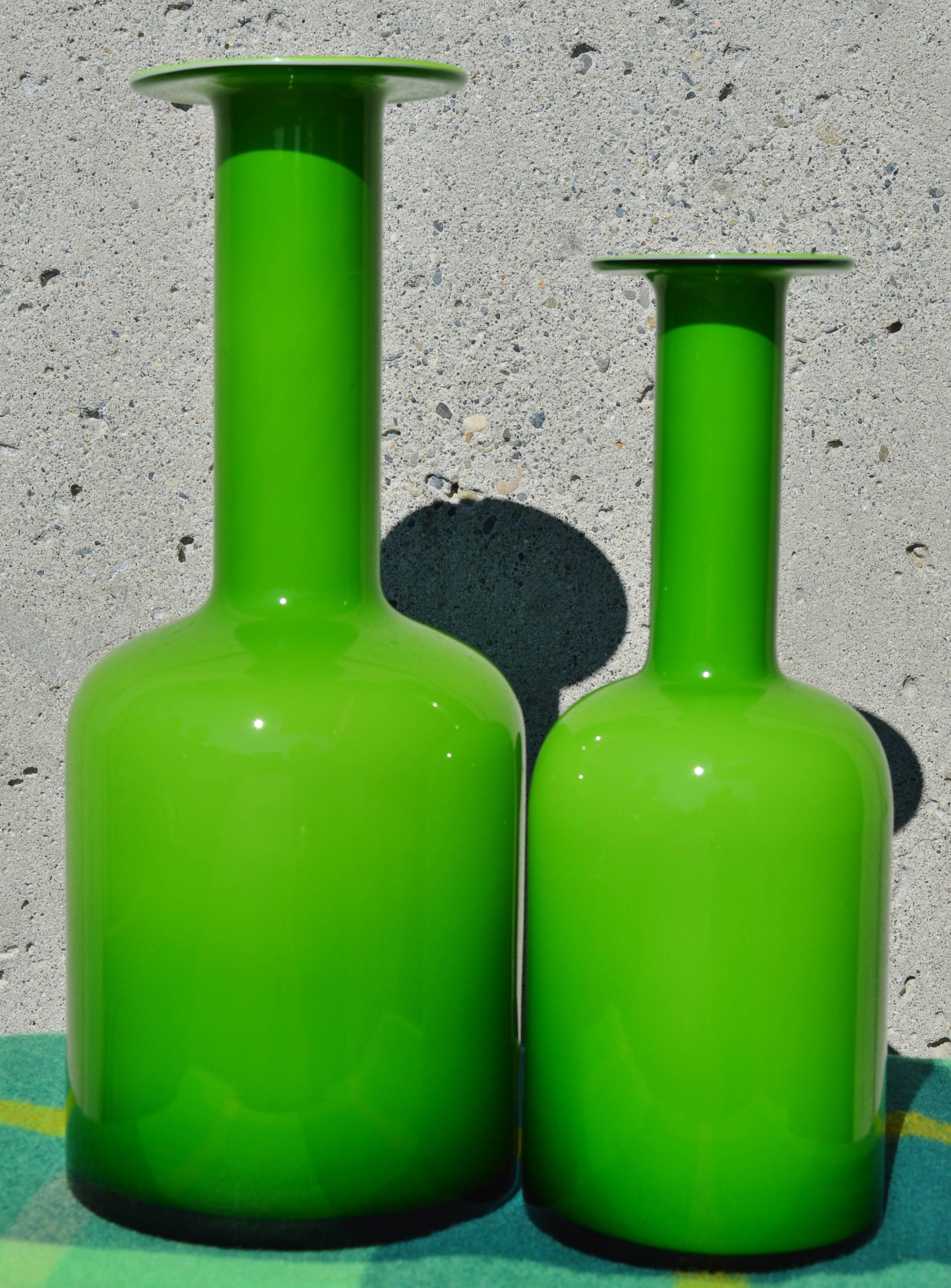 Danish Pair of Green Glass Holmegaard Gulvases by Otto Brauer For Sale