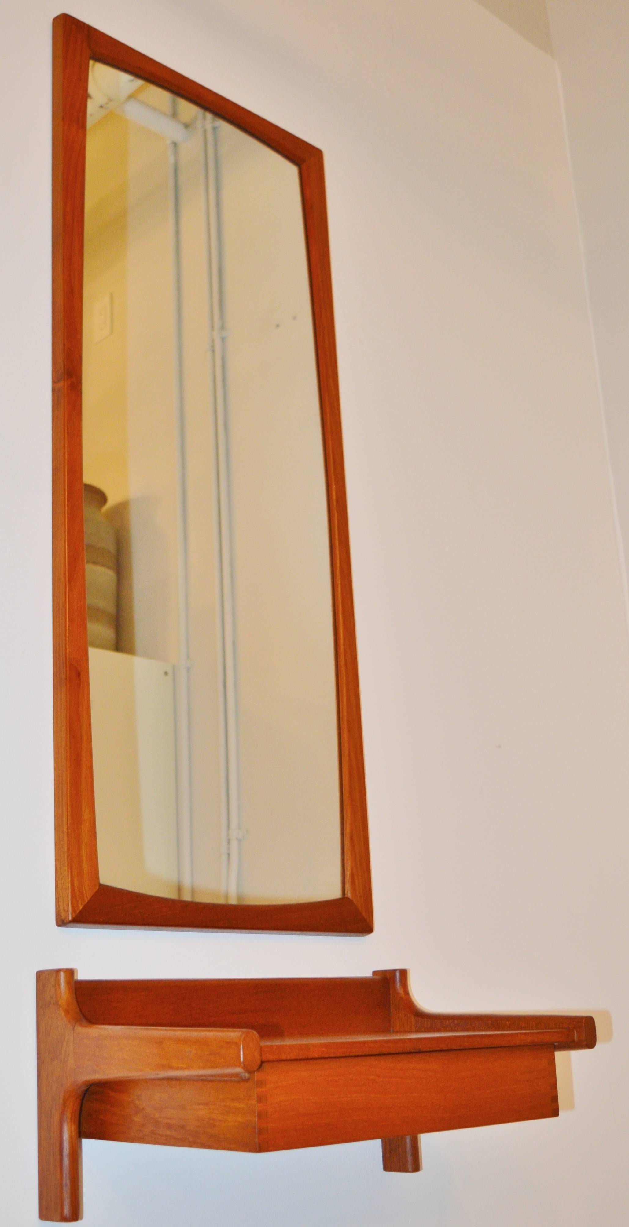 Scandinavian Modern Teak Kjersgaard Mirror and Wegner Shelf with Drawer, Perfect for the Entry