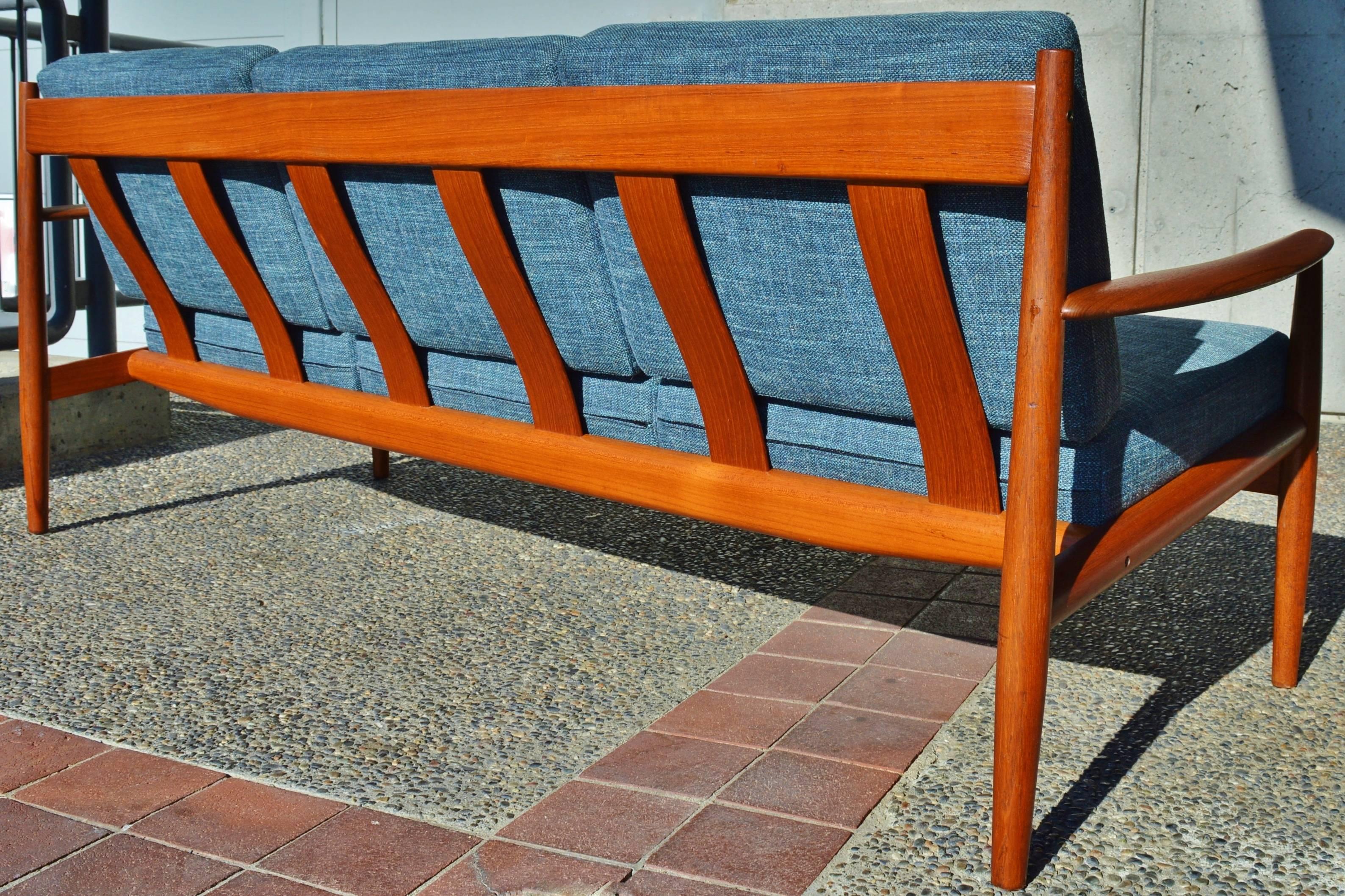 Scandinavian Modern Restored Grete Jalk Teak Frame Sofa Teal Tweed for France and Sons