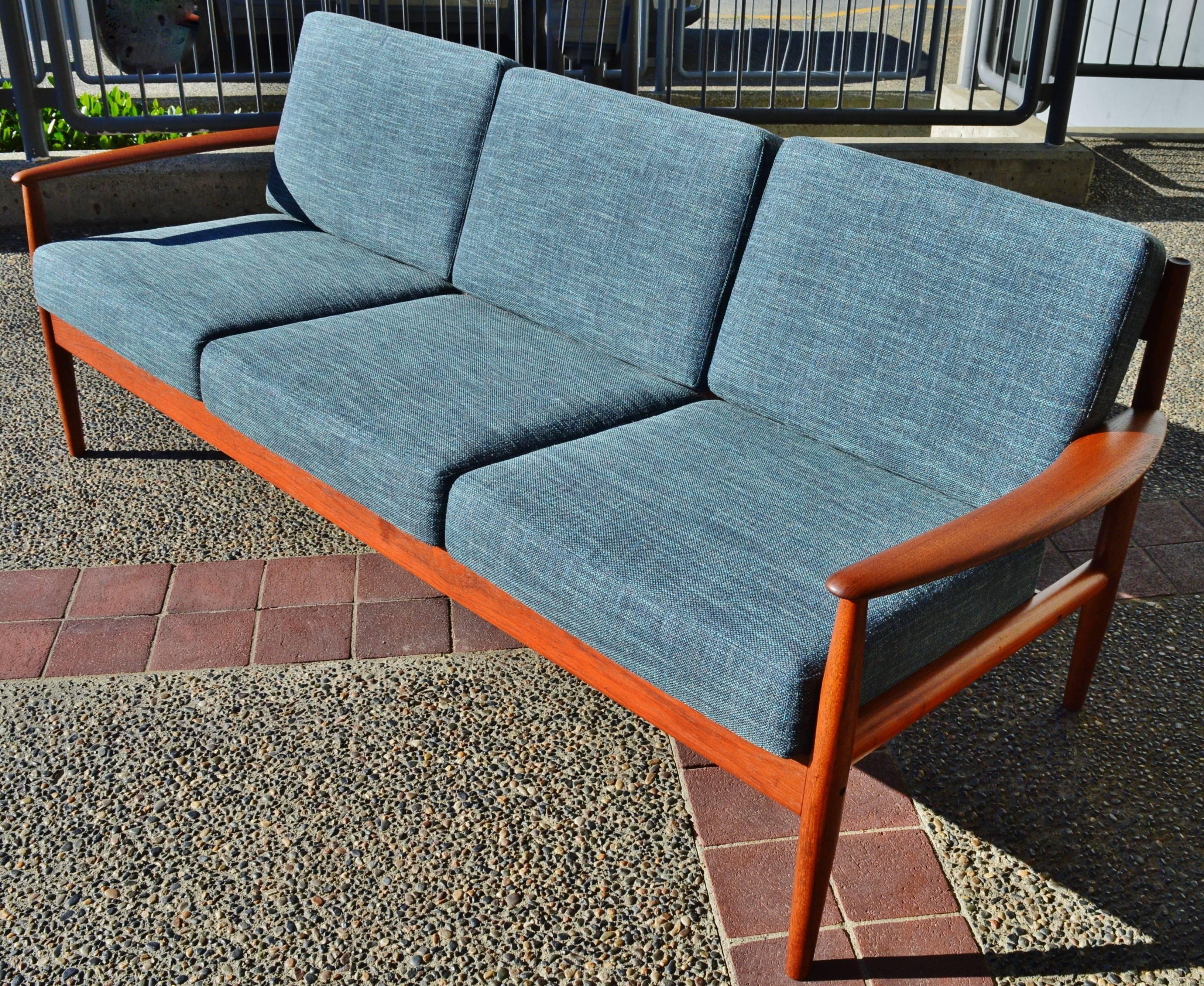 Danish Restored Grete Jalk Teak Frame Sofa Teal Tweed for France and Sons