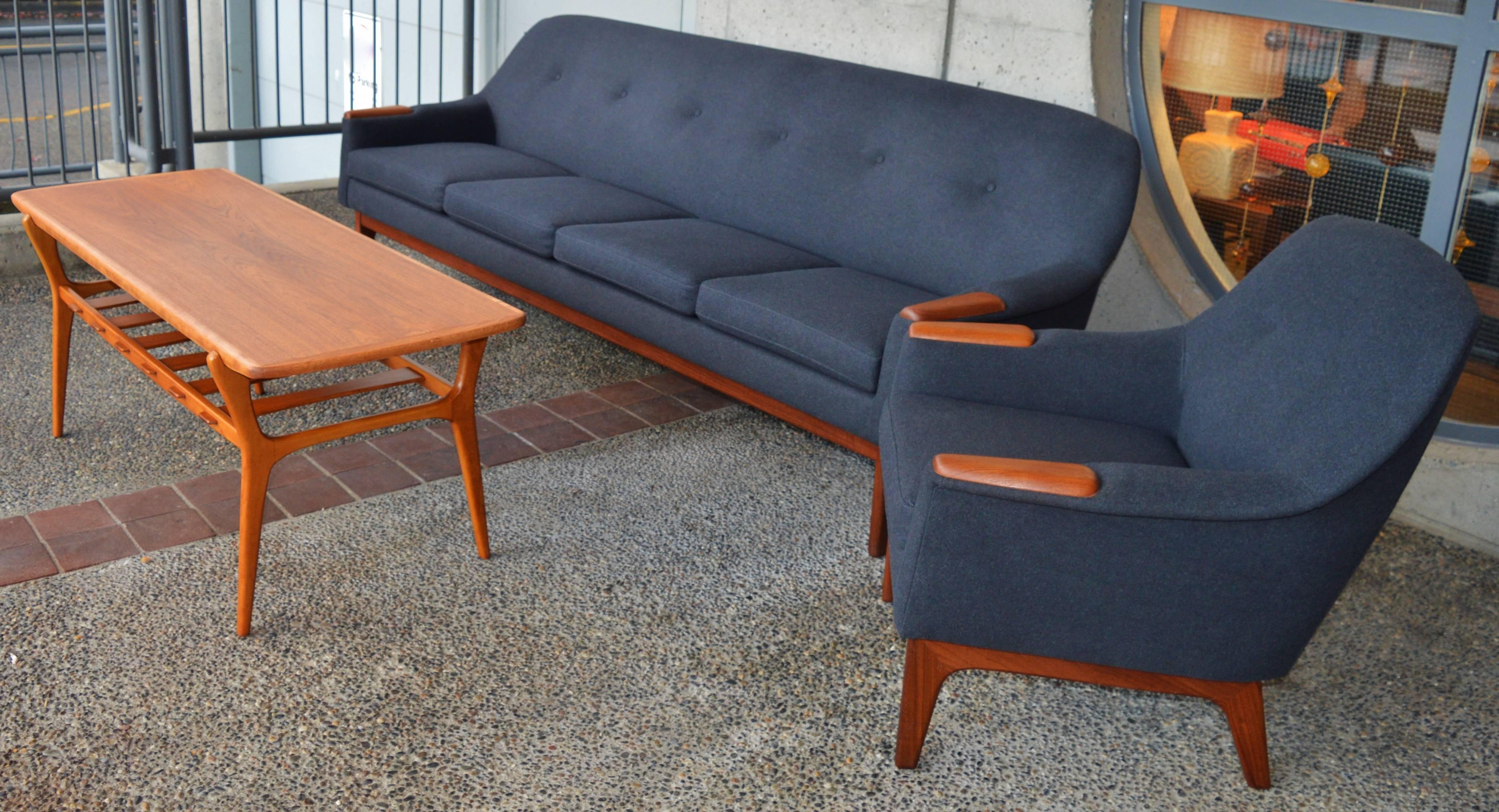 Fabric Hot Restored Danish Modern Teak Arm Sofa in Charcoal Felted Wool