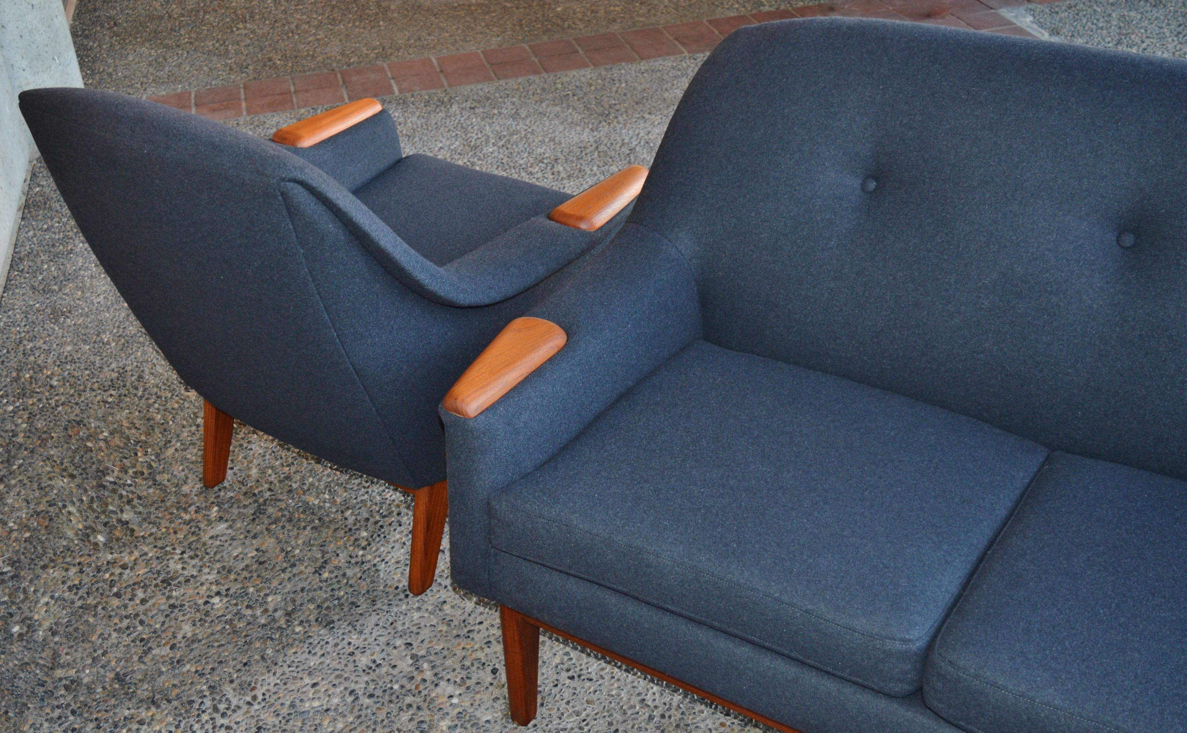 Hot Restored Danish Modern Teak Arm Sofa in Charcoal Felted Wool 2