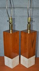 Striking Pair of Marble and Wood Italian Cubic Table Lamps