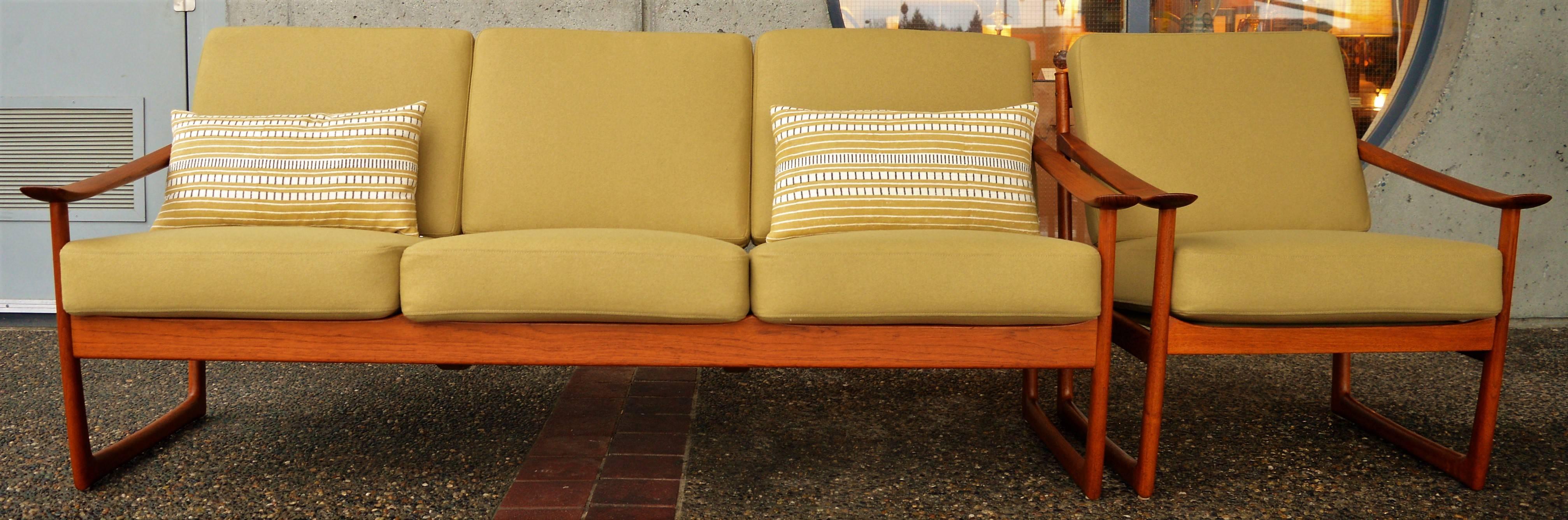 Upholstery Hvidt & Mølgaard Teak Sleigh Sofa and Lounge Chair Camel Wool