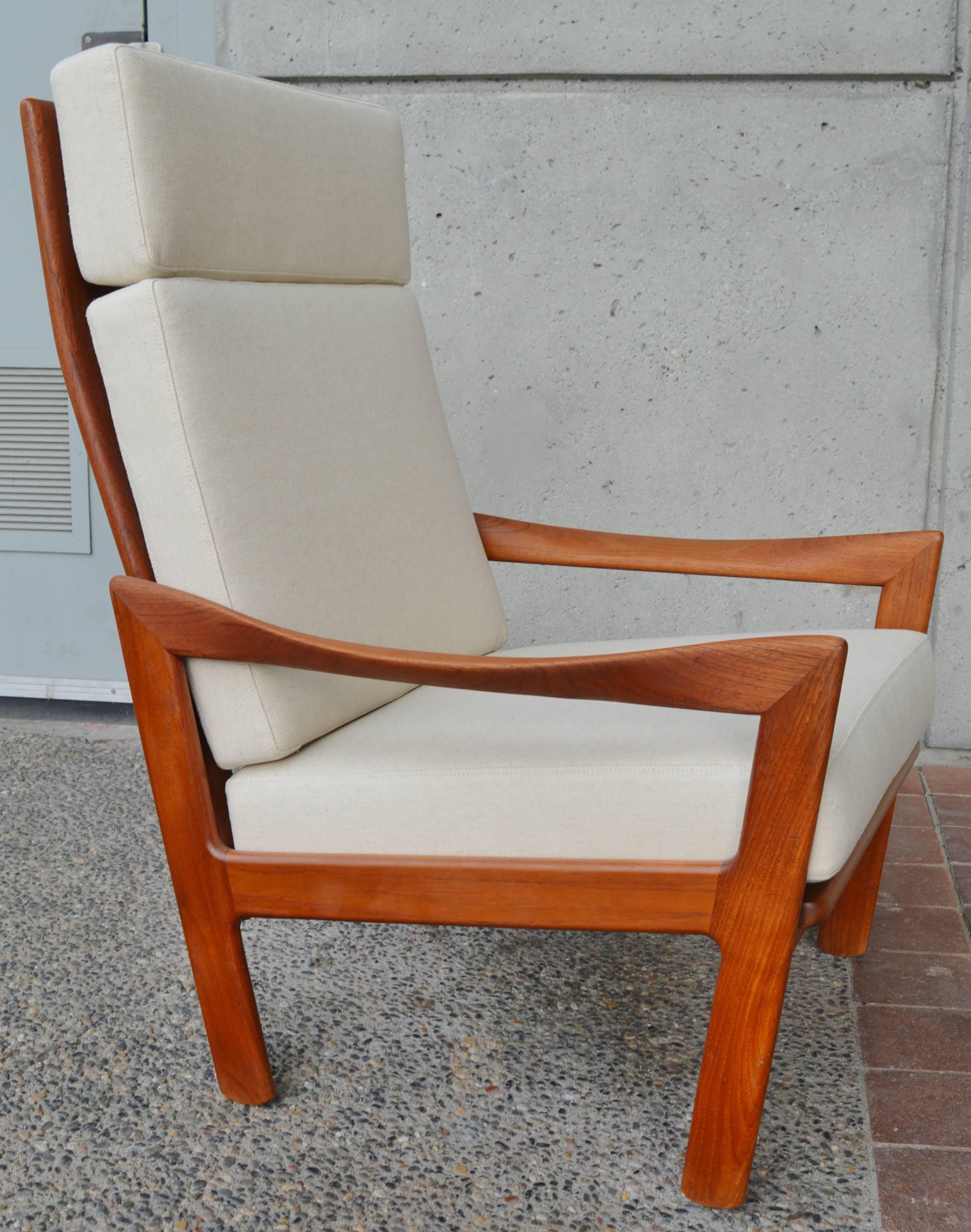 Upholstery Teak Tall Back Lounge Chair by Illum Wikkelso for Niels Eilersen