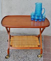 Rare Poul Hundevad Teak Folding Bar Cart for Vamdrup with Caned Shelf