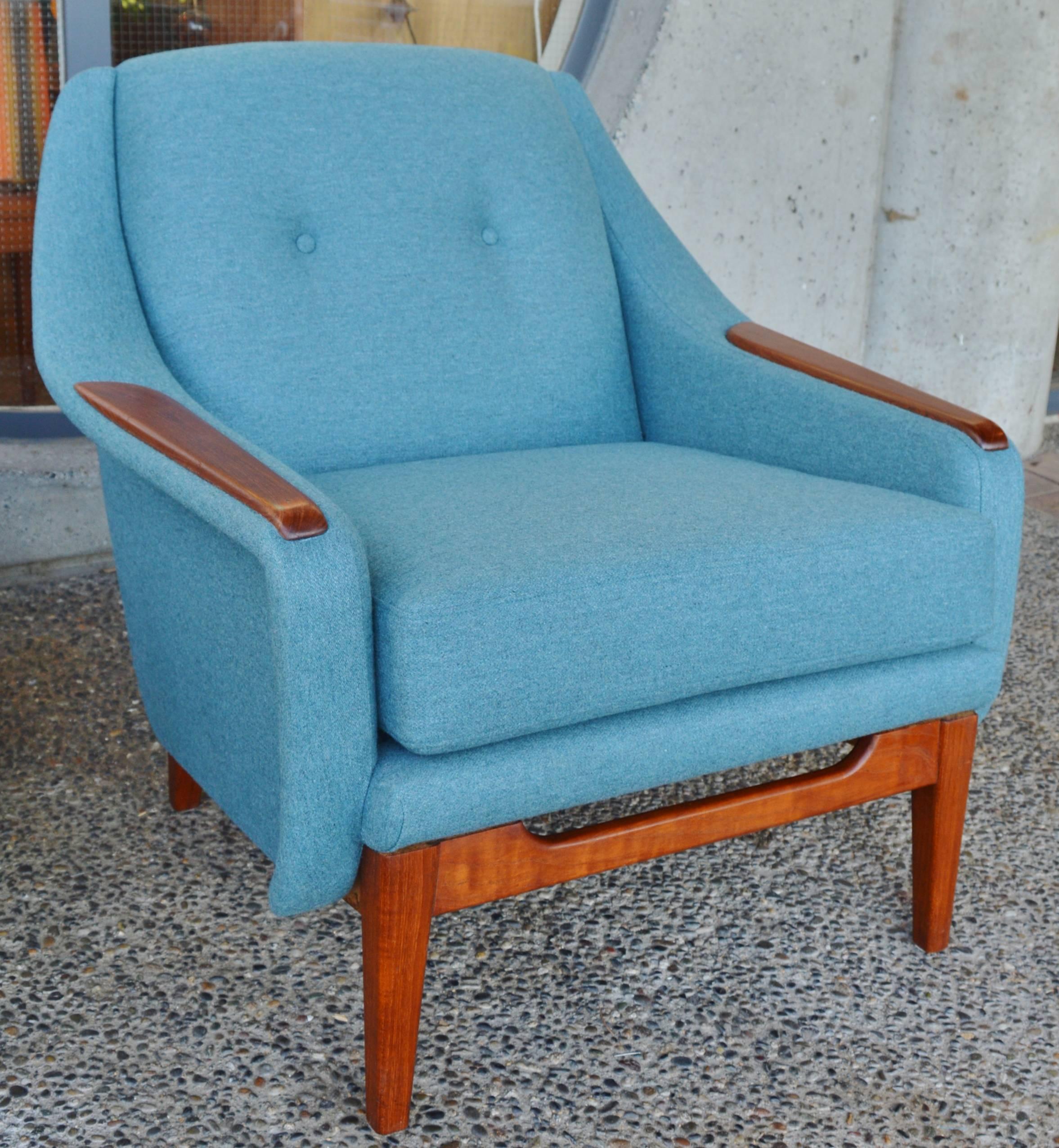 Mid-Century Modern Scandinavian Teak Sofa and Lounge Chair in Blue Wool