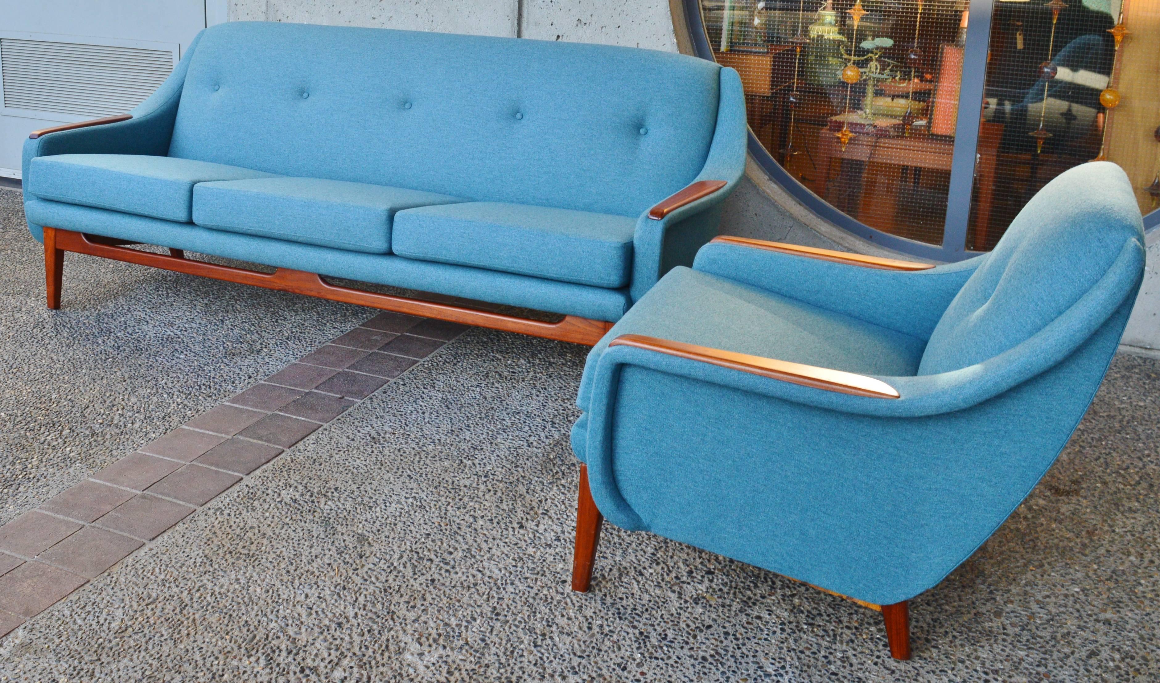 Mid-20th Century Scandinavian Teak Sofa and Lounge Chair in Blue Wool