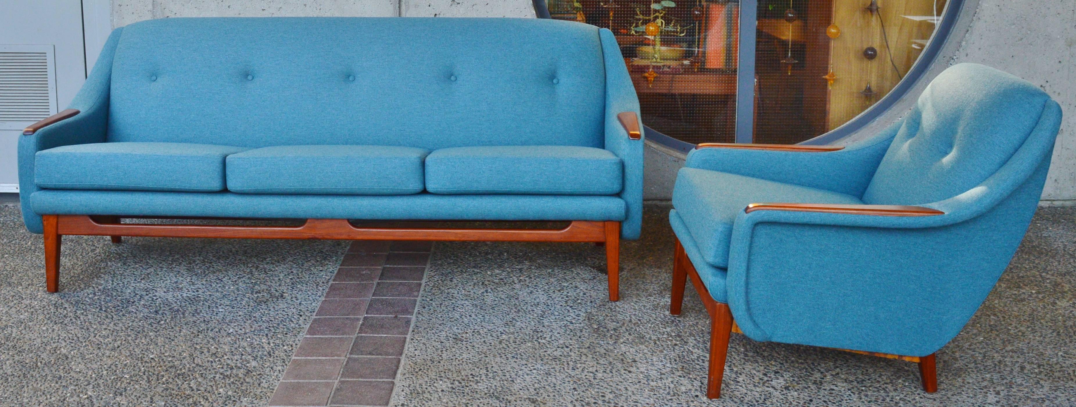 Upholstery Scandinavian Teak Sofa and Lounge Chair in Blue Wool