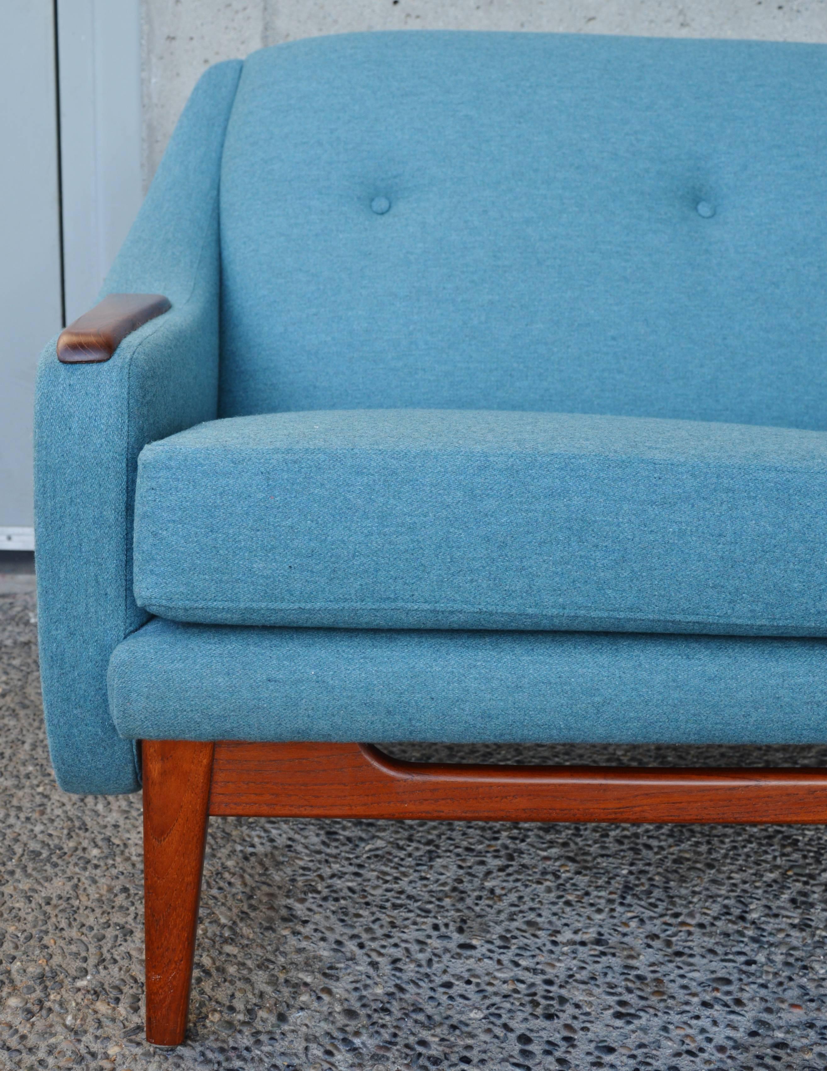 Scandinavian Teak Sofa and Lounge Chair in Blue Wool 1