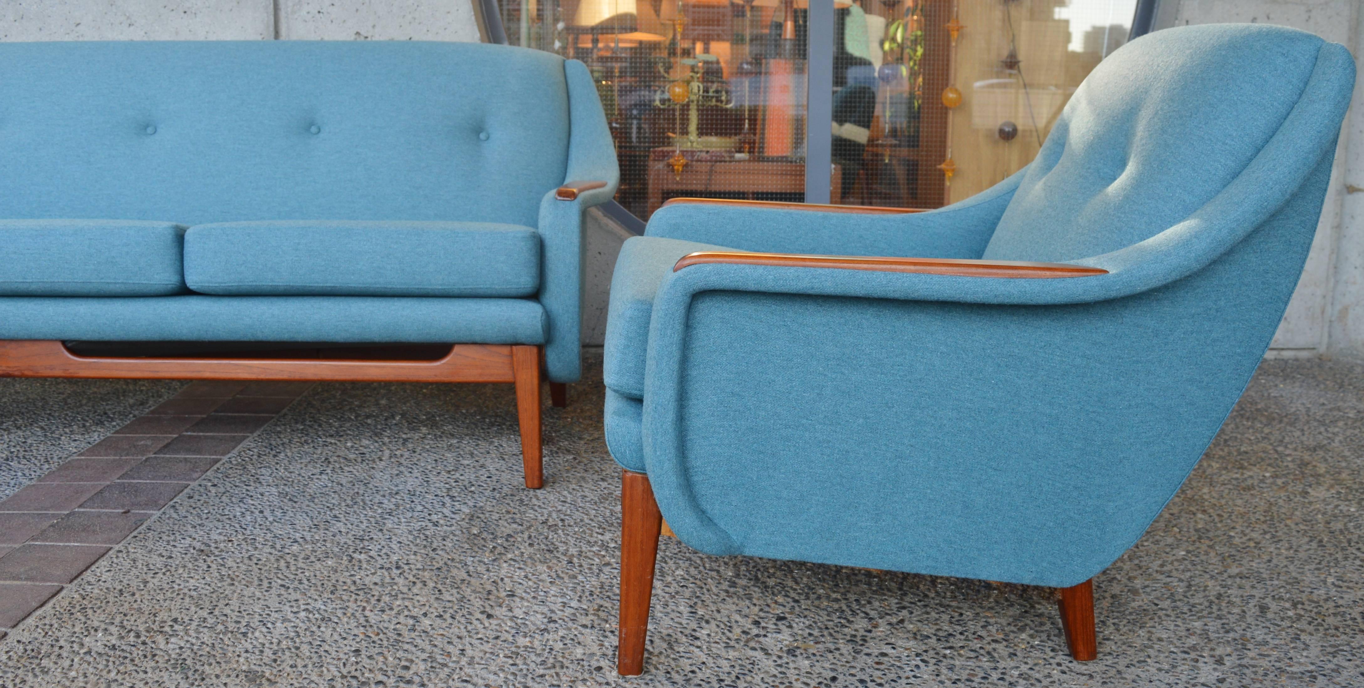 Scandinavian Teak Sofa and Lounge Chair in Blue Wool 2