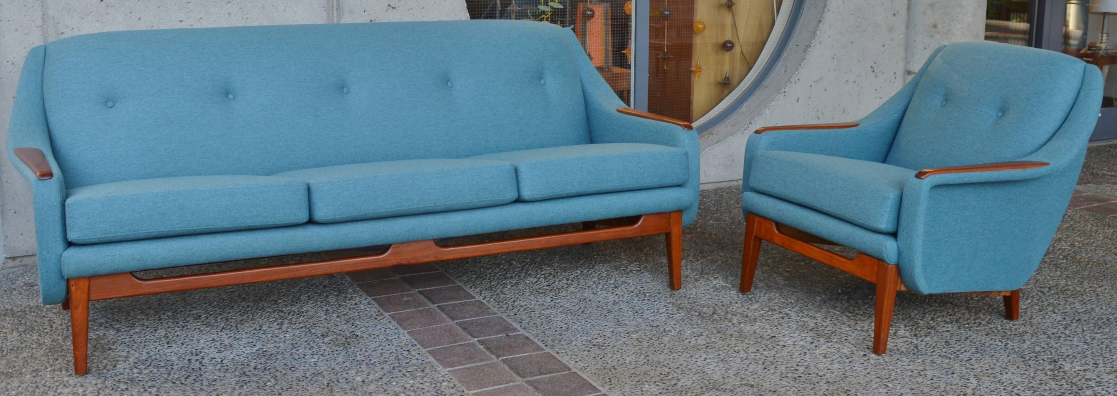 Scandinavian Teak Sofa and Lounge Chair in Blue Wool 3