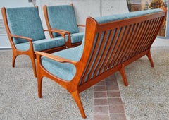 Danish Teak Frame Sofa and Pair of Lounge Chairs, Teal Tweed, 1960s