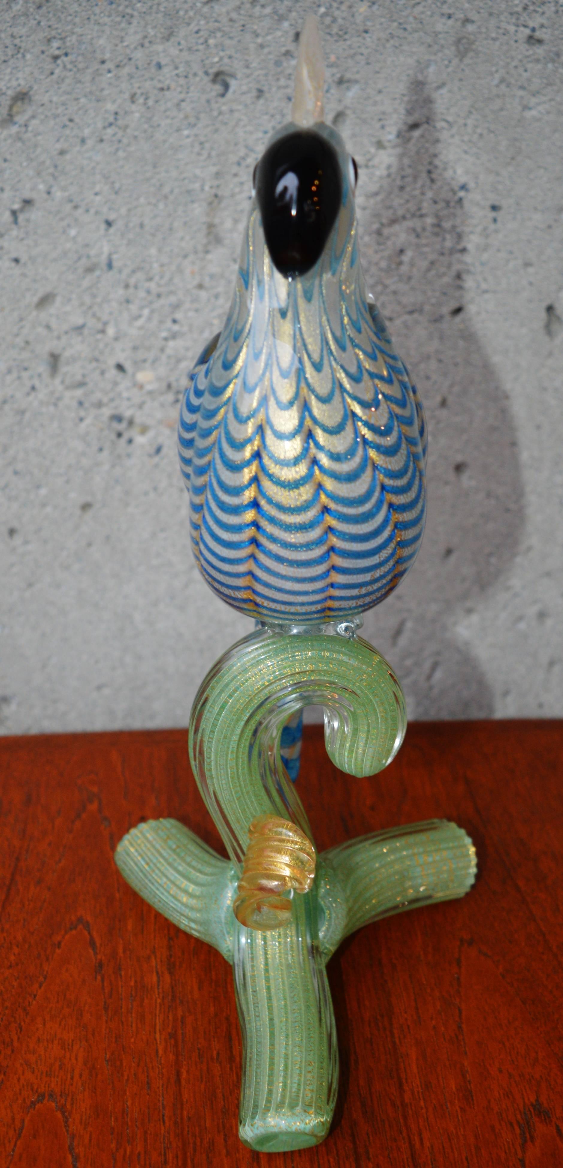 Murano Parrot Blue Green Art Glass Figurine, Barovier e Toso Attributed, Italian 1