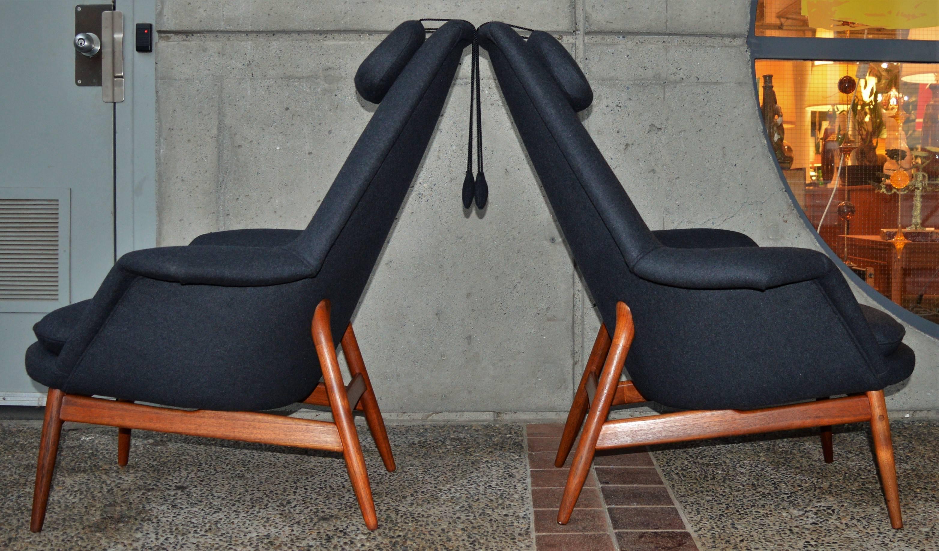 Upholstery Pair of Teak Manta Ray Chairs in Charcoal Wool by Bjorn Engo for DUX