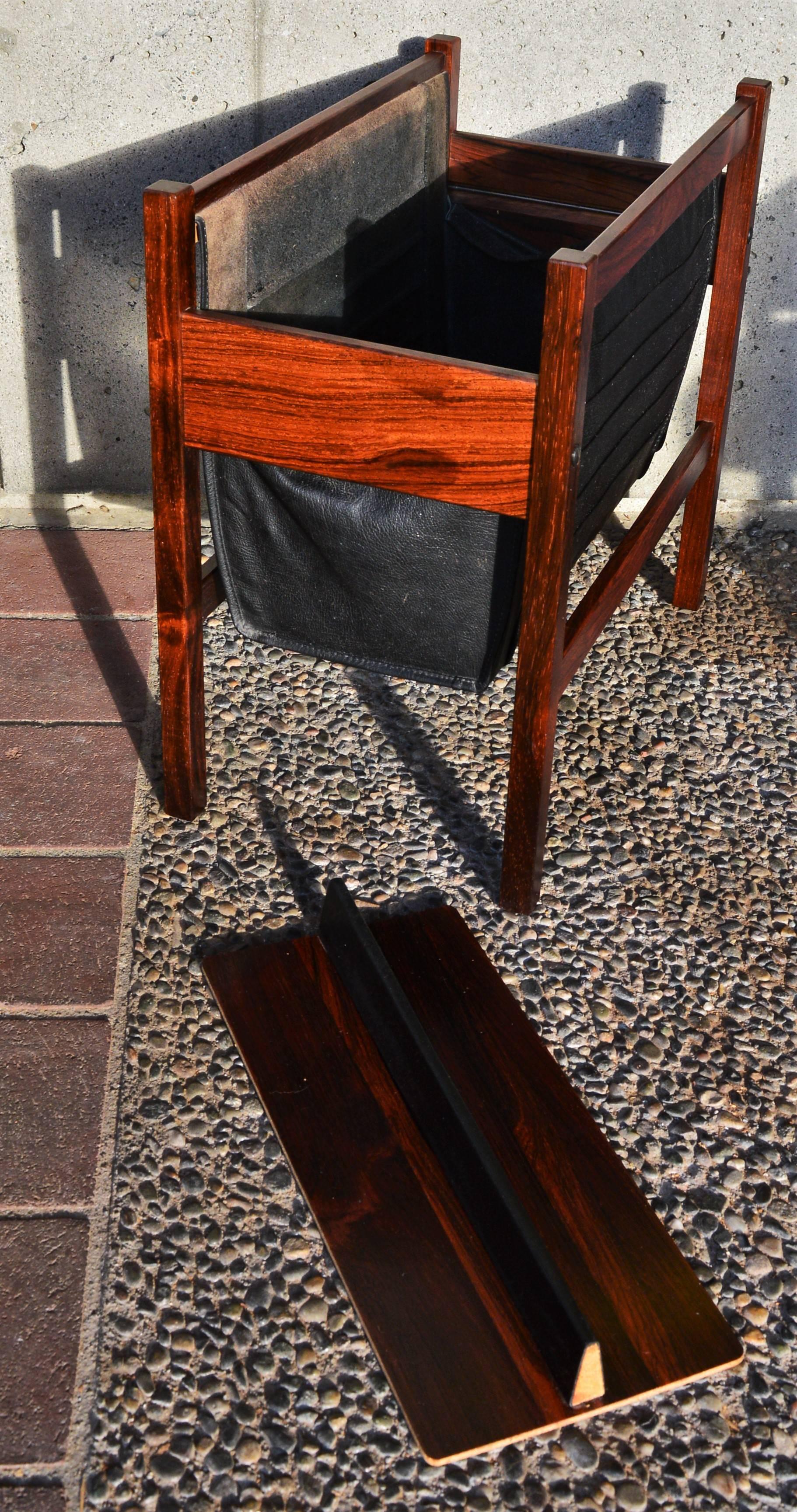 Mid-20th Century Danish Modern Rosewood and Black Leather Magazine Rack For Sale