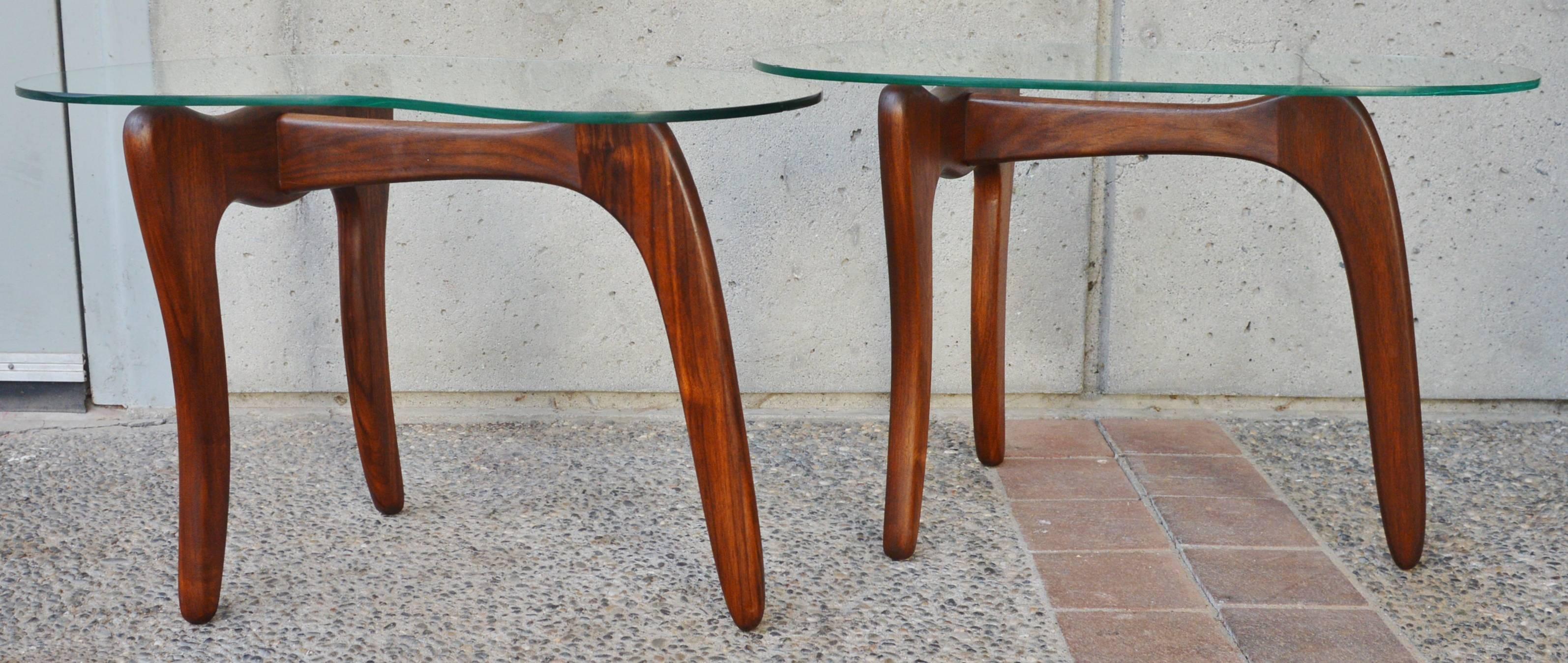 Pair of Adrian Pearsall Solid Walnut Side Tables, Kidney Shape Glass Tops 2